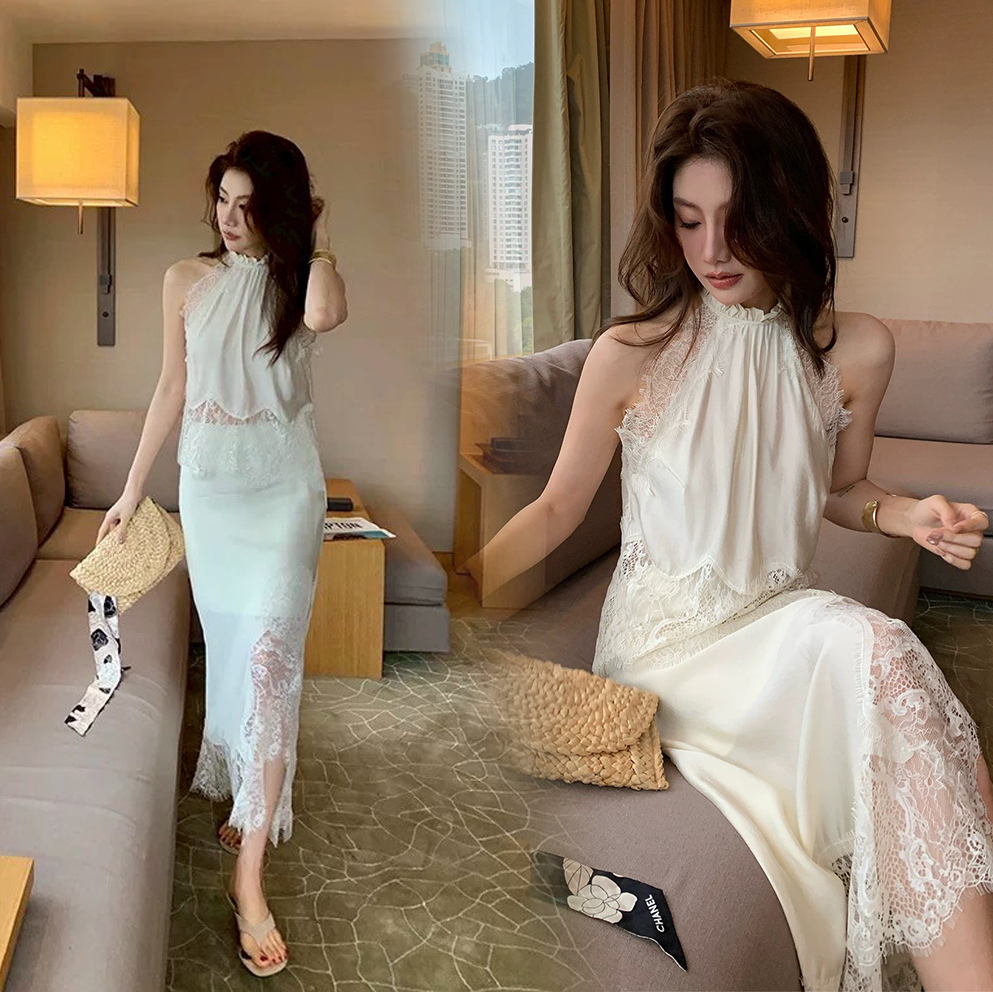 光澤感蕾絲滾邊削肩背心+長裙SET-S-XL / 2色 (Elegant & Love)