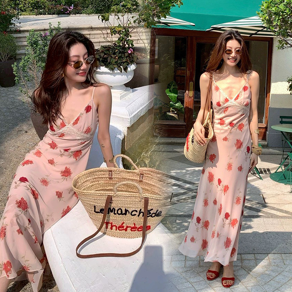 草莓粉浪漫花朵配色細肩帶V領長洋裝-S-XL (Elegant & Love)