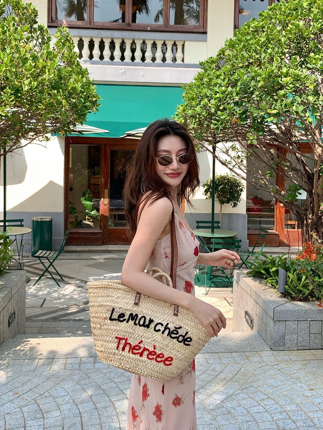 草莓粉浪漫花朵配色細肩帶V領長洋裝-S-XL (Elegant & Love)