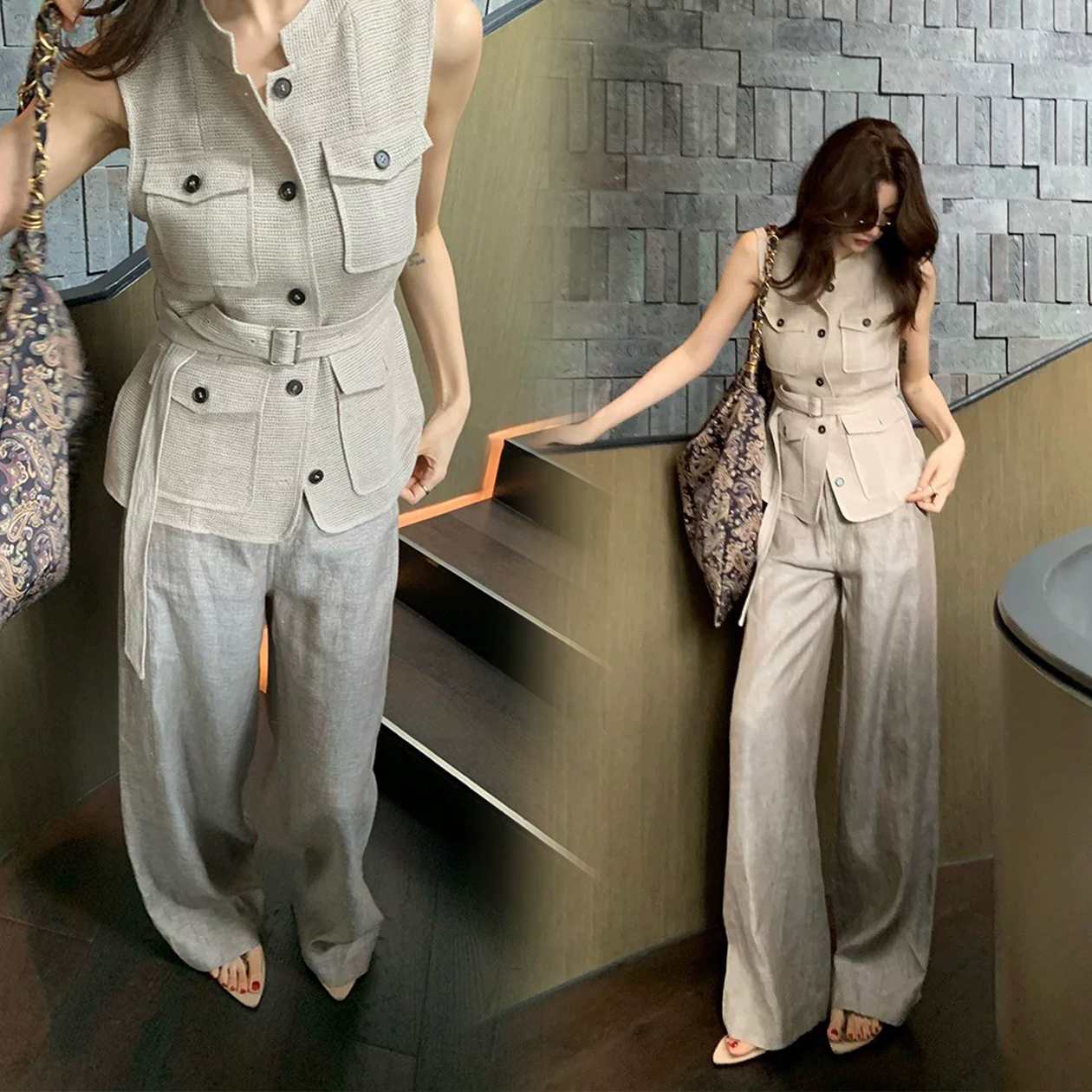 夏日清爽色系亞麻單釦休閒長褲-S-XL / 2色 (Elegant & Love)