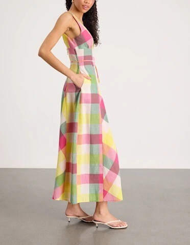 Soho Night彩色方格紋深V領珠飾綁帶Dress