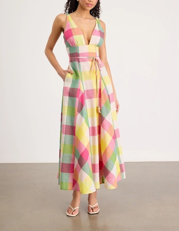 Soho Night彩色方格紋深V領珠飾綁帶Dress