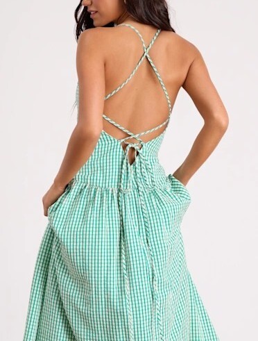 Green Candy 綠色格紋露背交叉綁帶Dress
