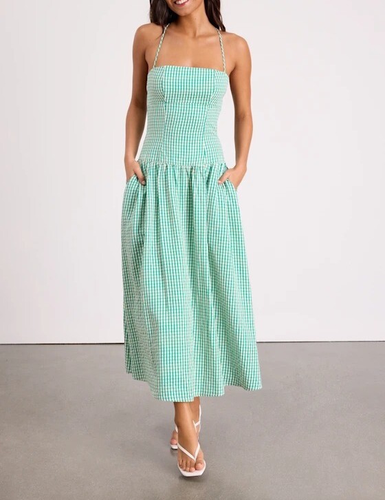 Green Candy 綠色格紋露背交叉綁帶Dress