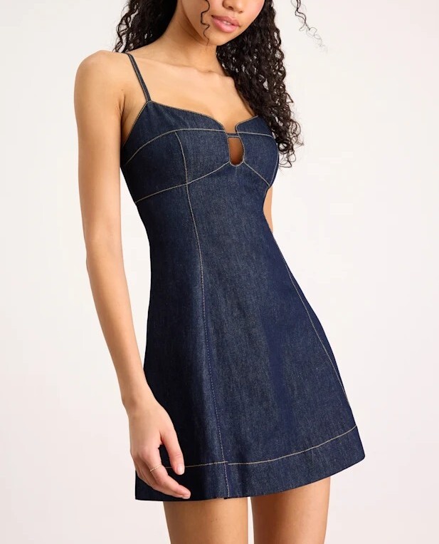 Dark Denim深單寧藍色 Cutout領縫線飾Mini Dress