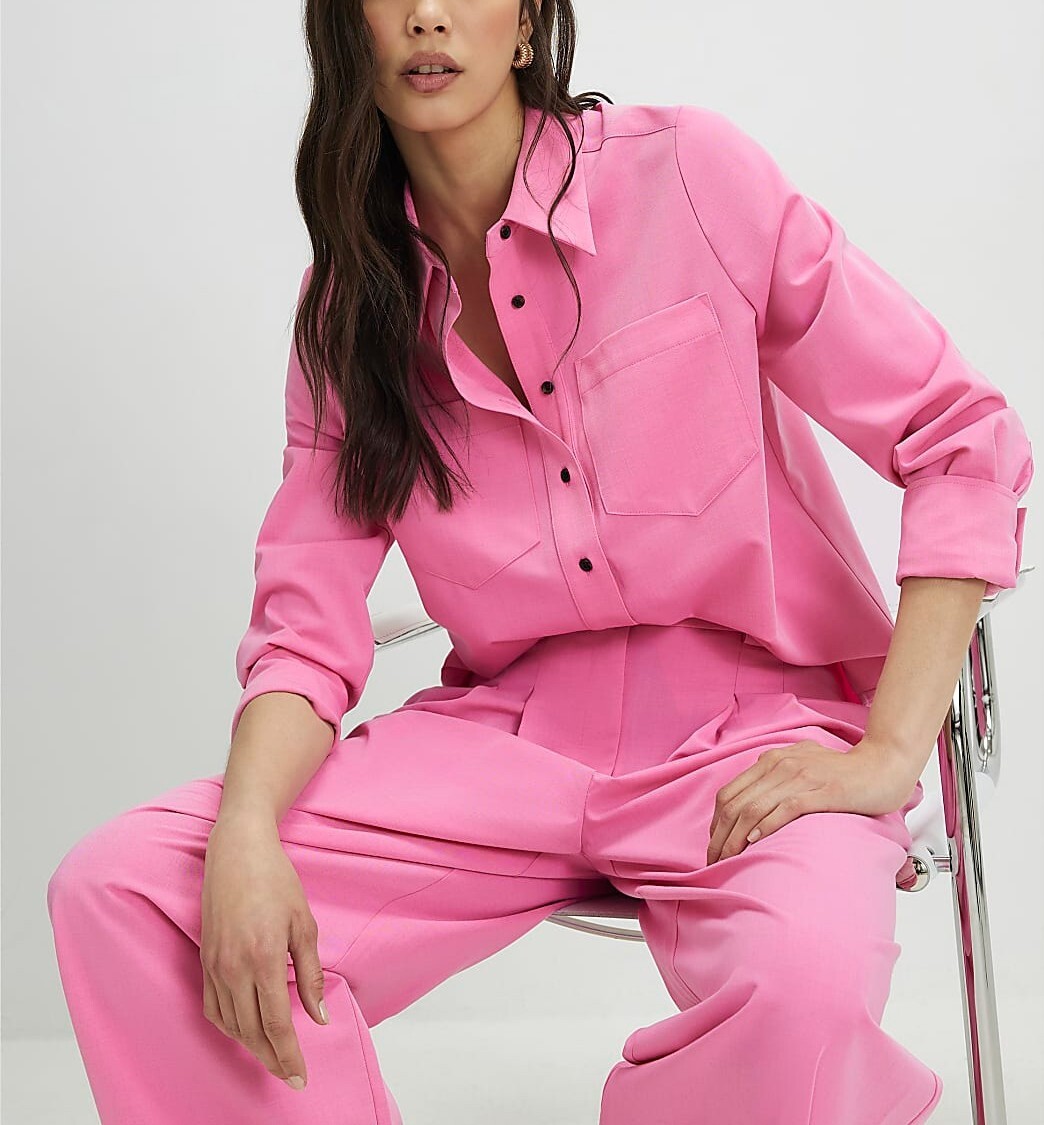 Pink Candy粉紅色長襯衫上衣+ 高腰長寬褲套裝