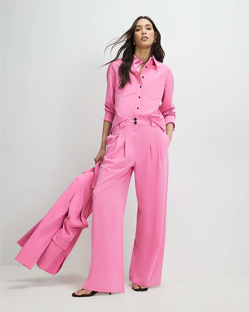 Pink Candy粉紅色長襯衫上衣+ 高腰長寬褲套裝