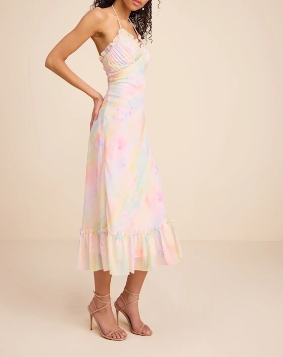 Pink Candy粉紅彩色印花荷葉飾邊壓摺V領Dress