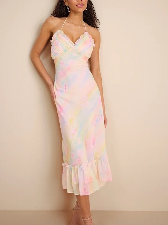 Pink Candy粉紅彩色印花荷葉飾邊壓摺V領Dress