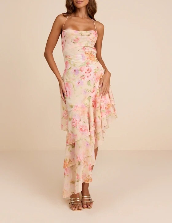 Beach蜜桃粉紅色雪紡紗花卉印花和葉飾邊 Dress