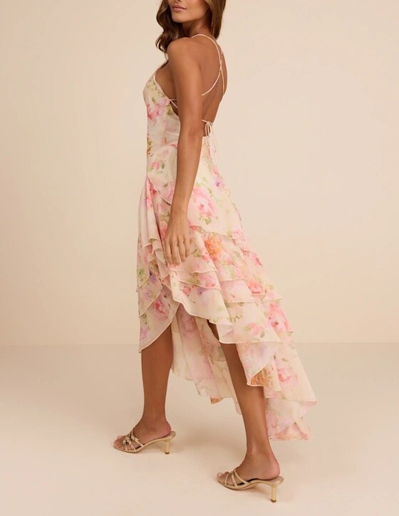 Beach蜜桃粉紅色雪紡紗花卉印花和葉飾邊 Dress