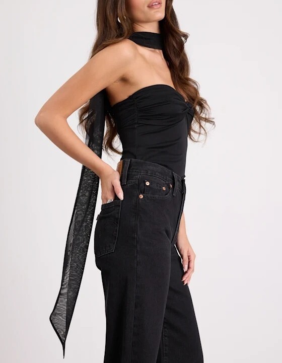 Brooklyn Night 黑色網紗抓皺絲巾Top