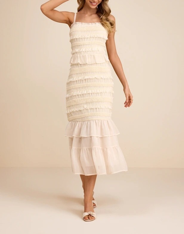 Cream奶油色層次抽皺荷葉飾邊Dress