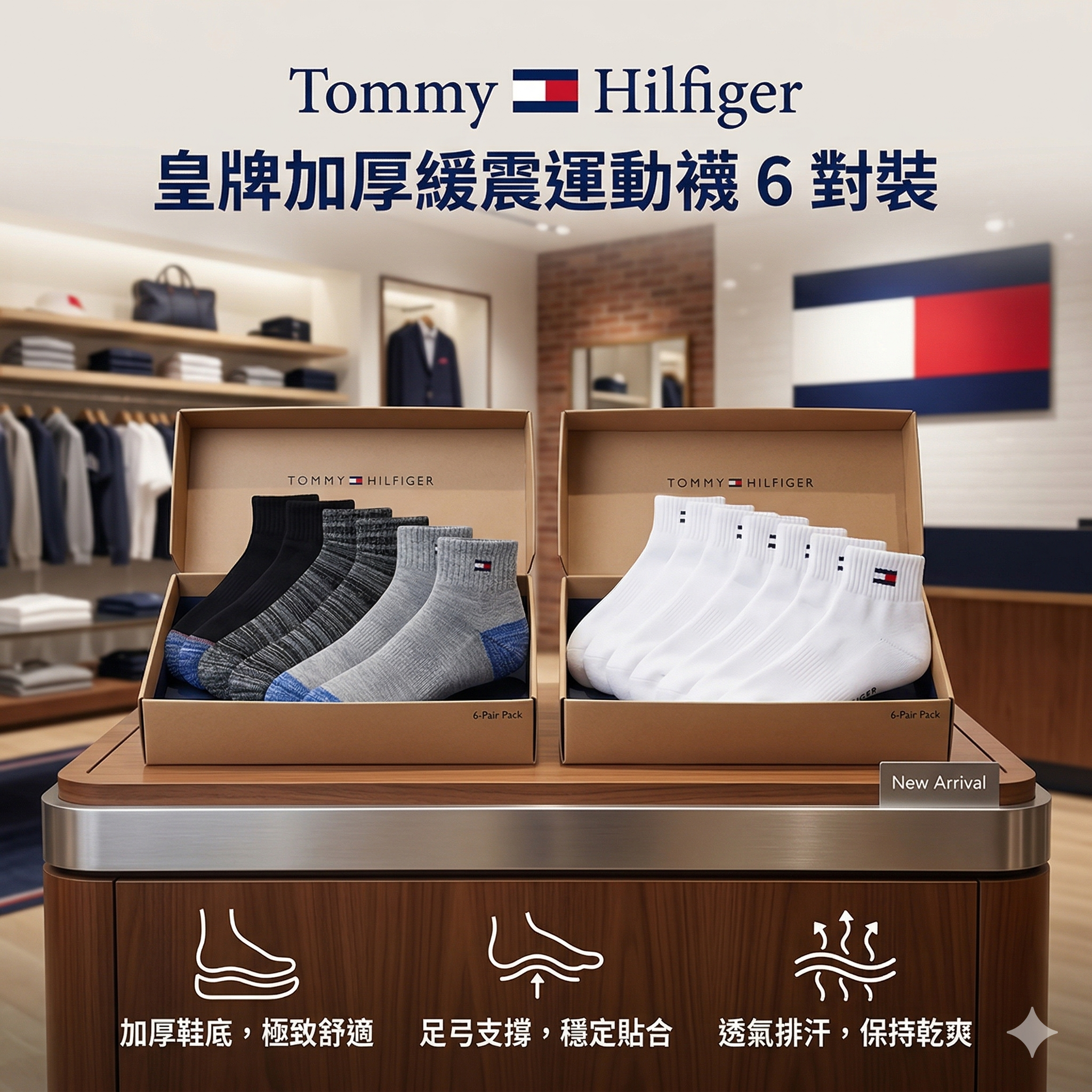 【預購】Tommy Hilfiger H041002 皇牌加厚緩震運動襪 6 對裝