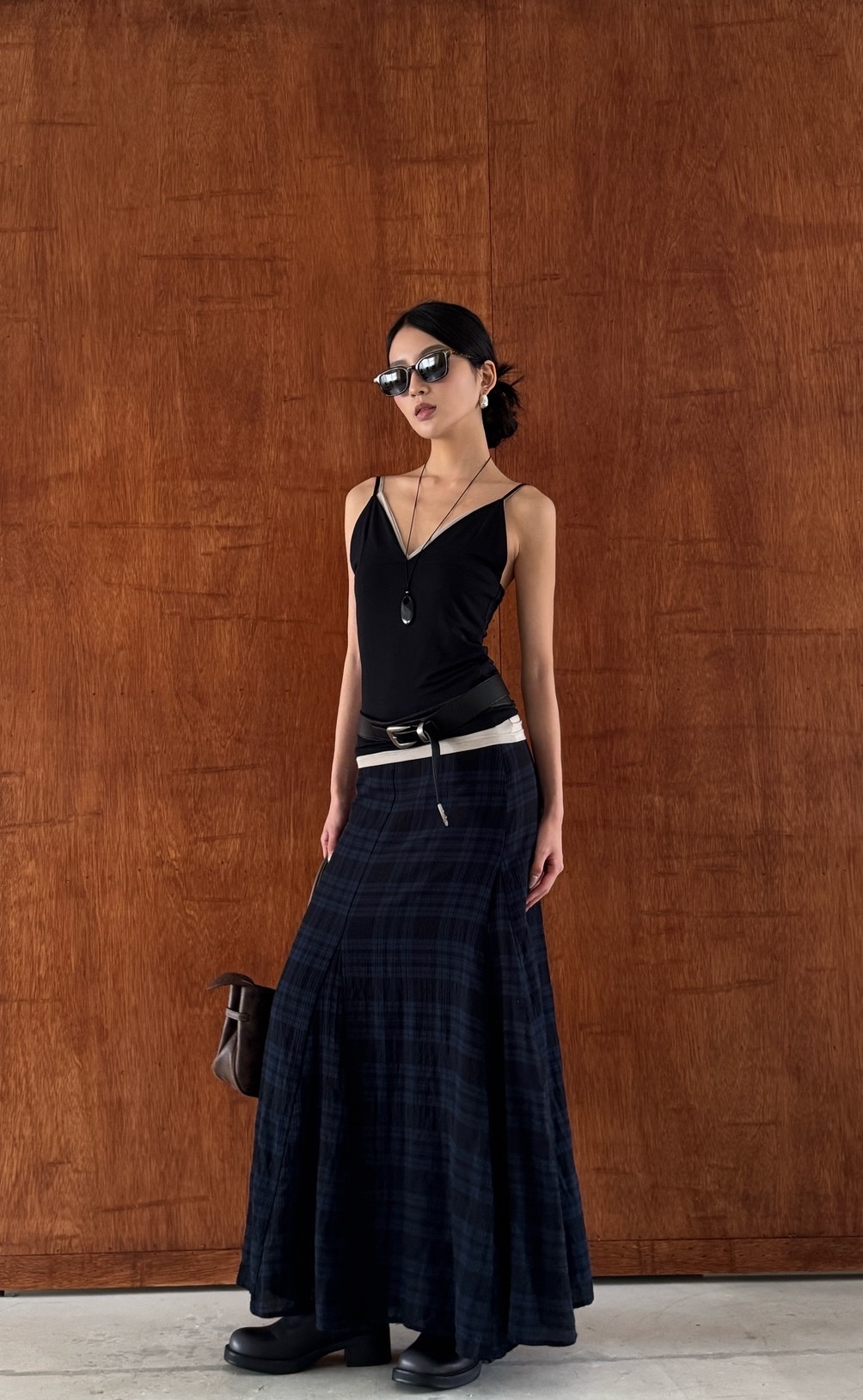 麻料格紋長裙