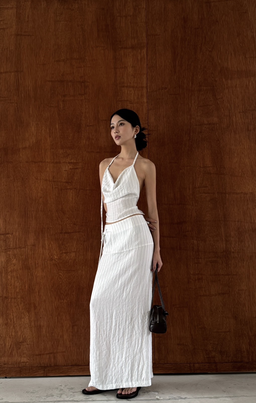 掛脖白條紋套裙-單上衣