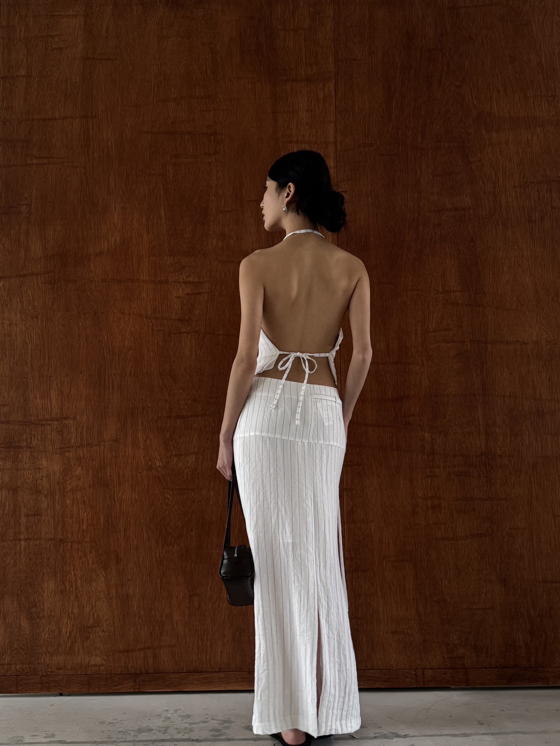 掛脖白條紋套裙-單上衣