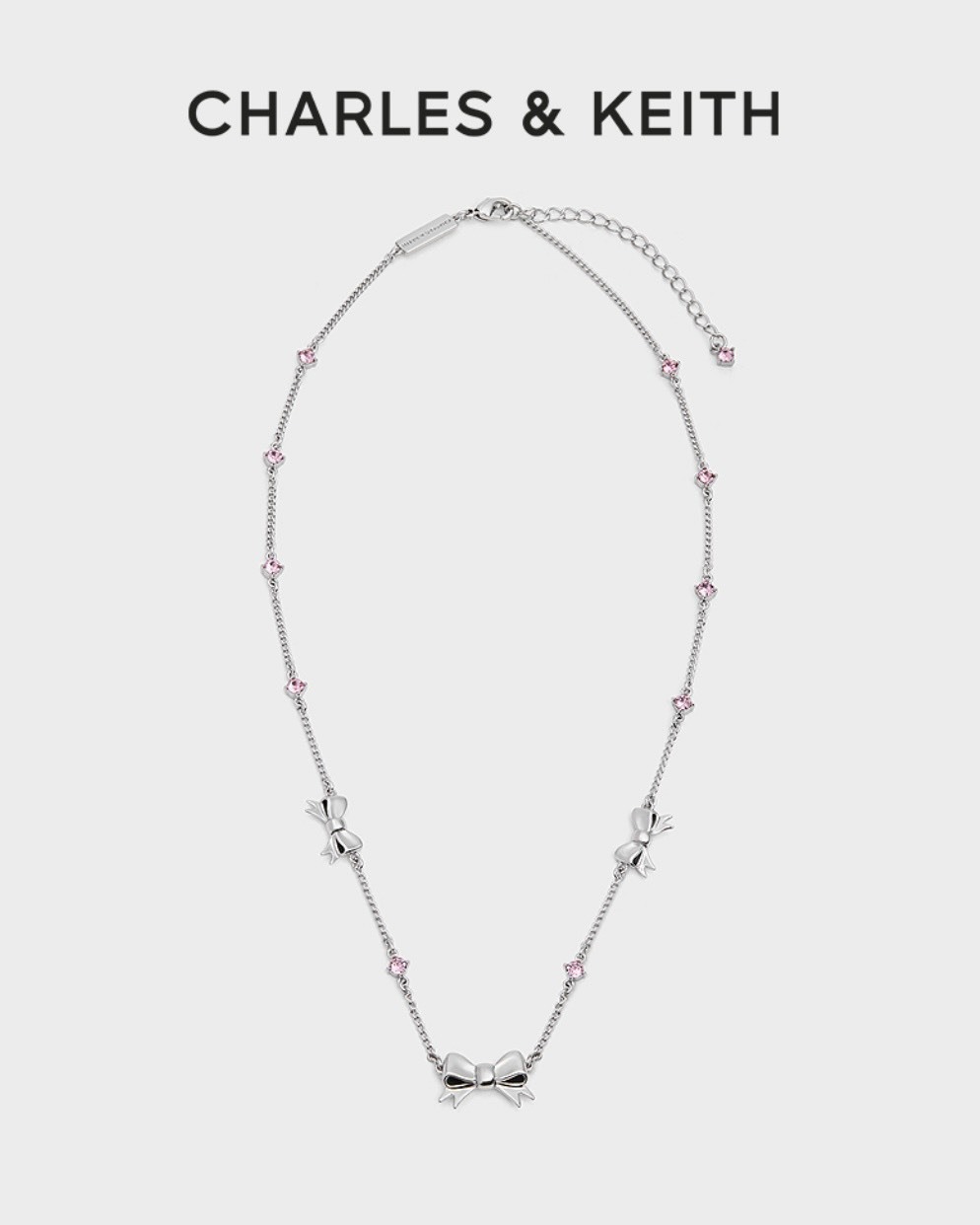 CHARLES & KEITH 小CK 蝴蝶結 粉鑽 水晶項鍊