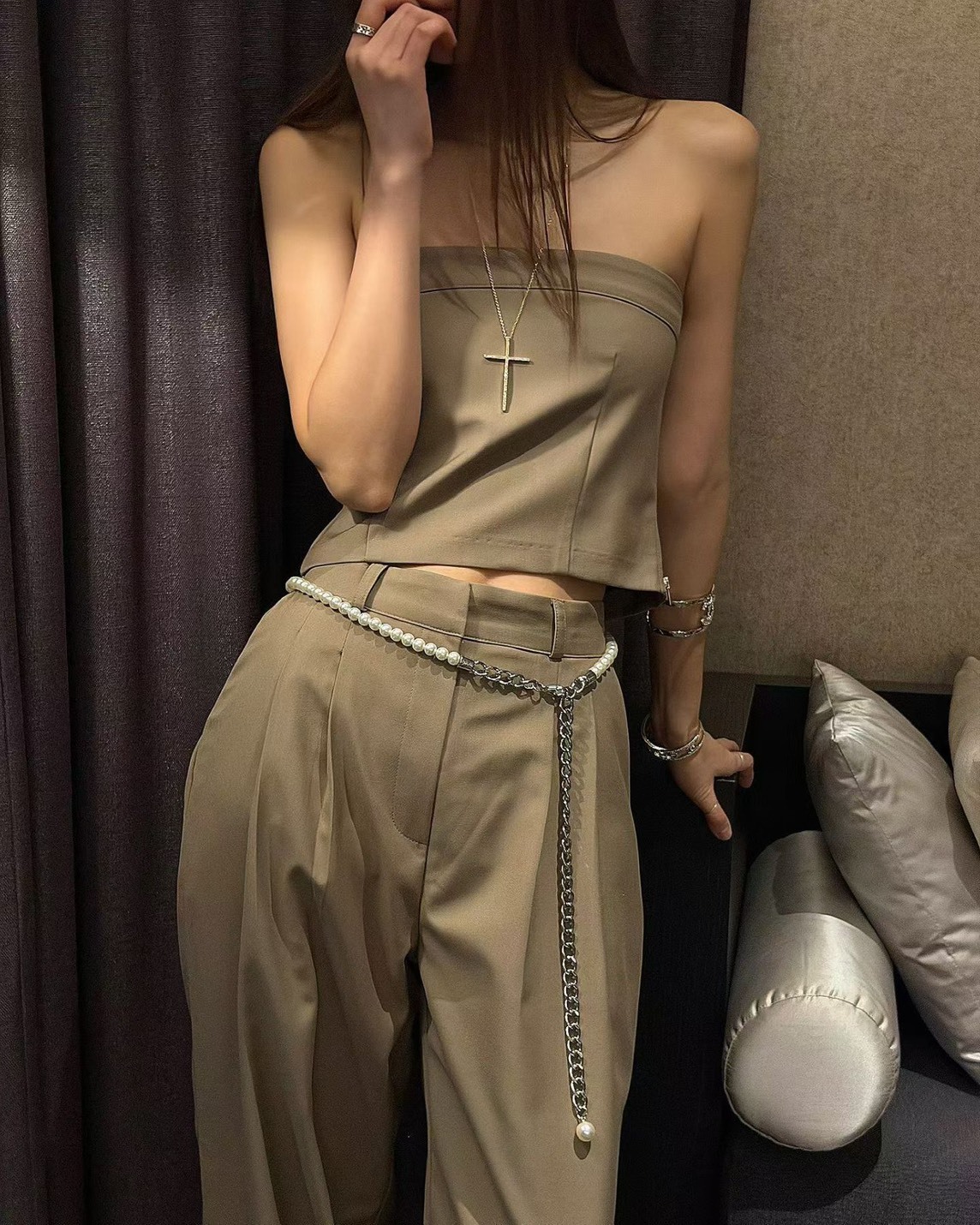 西裝布抹胸  長褲(分售)