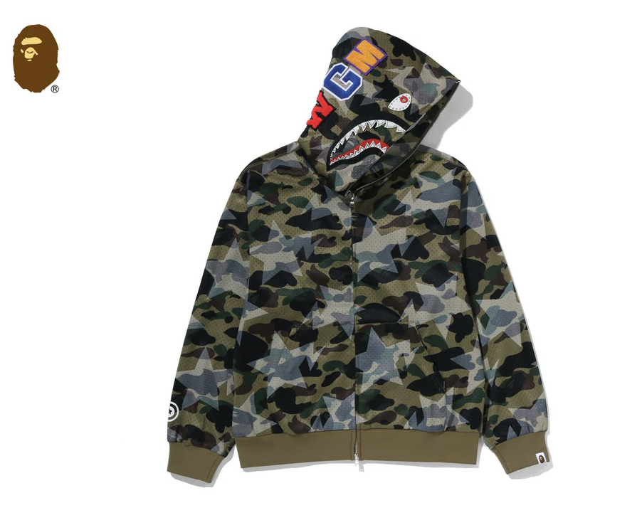 【BAPE男生】0411發售 STA OVER PRINT 1ST CAMO MESH SHARK CROPPED FIT FULL ZIP HOODIE ● 1M30-115-310