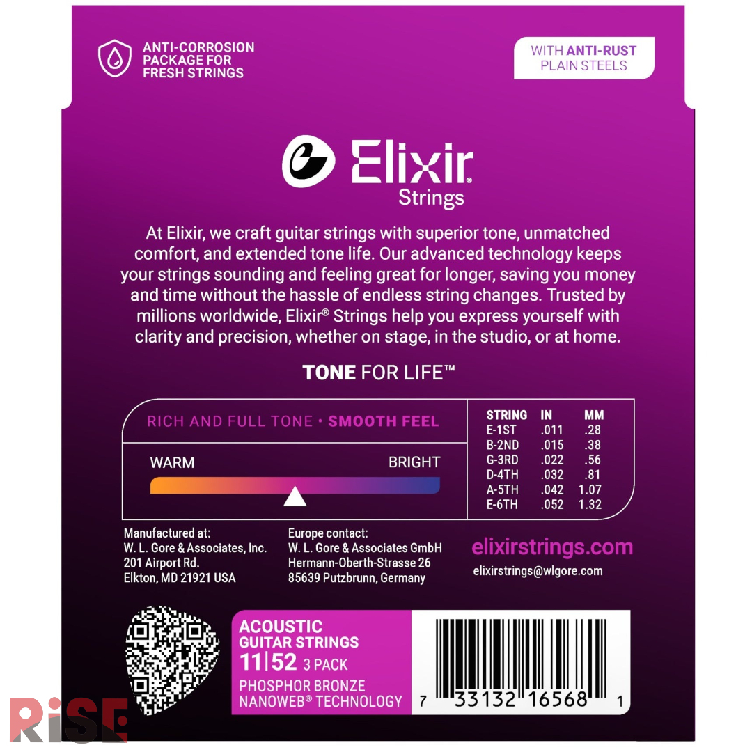 Elixir 11-52 NANOWEB 紅銅 奈米包覆層 三包裝 木吉他弦 包覆弦 16558