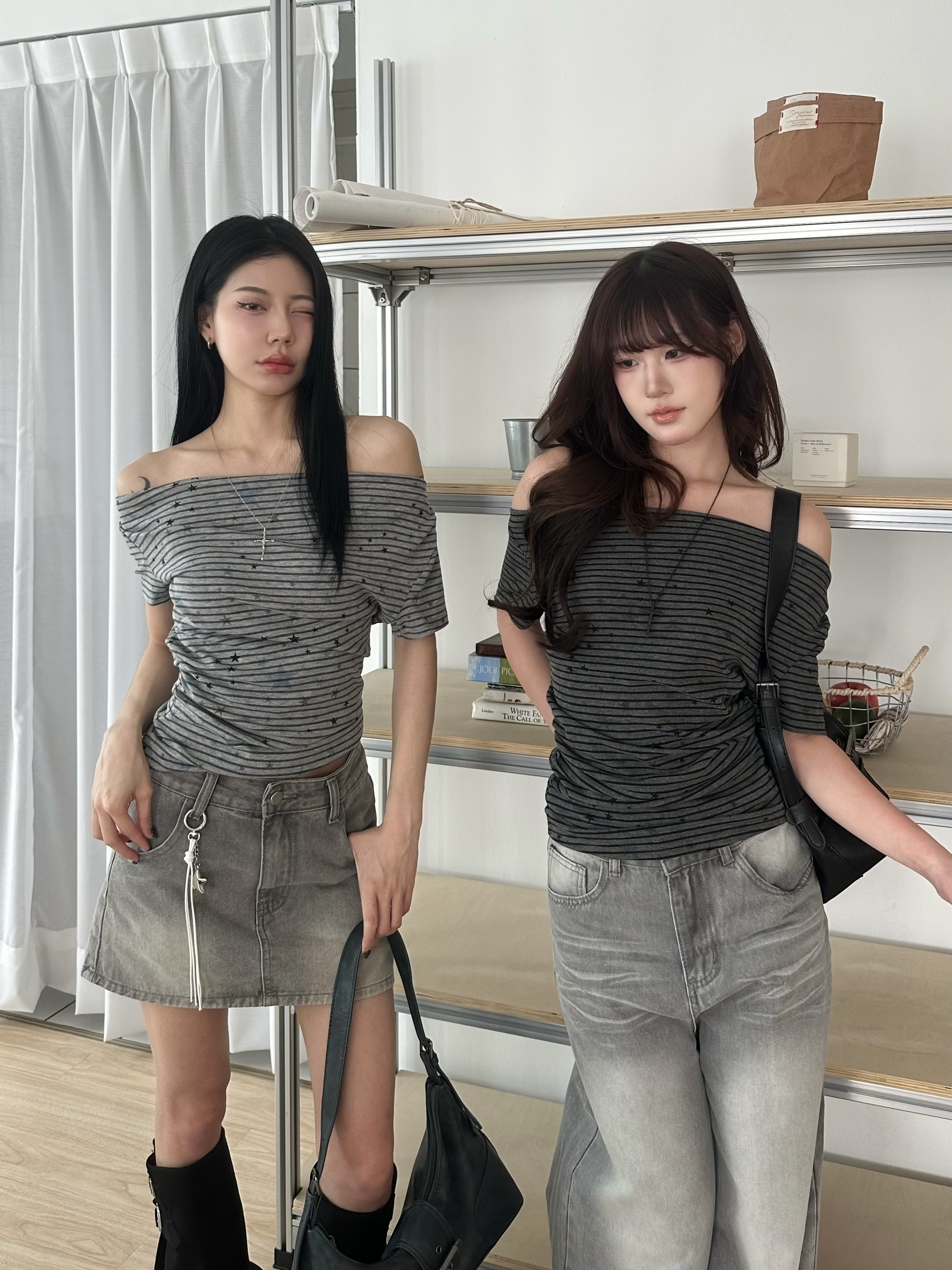 細條紋星星心機垂領上衣