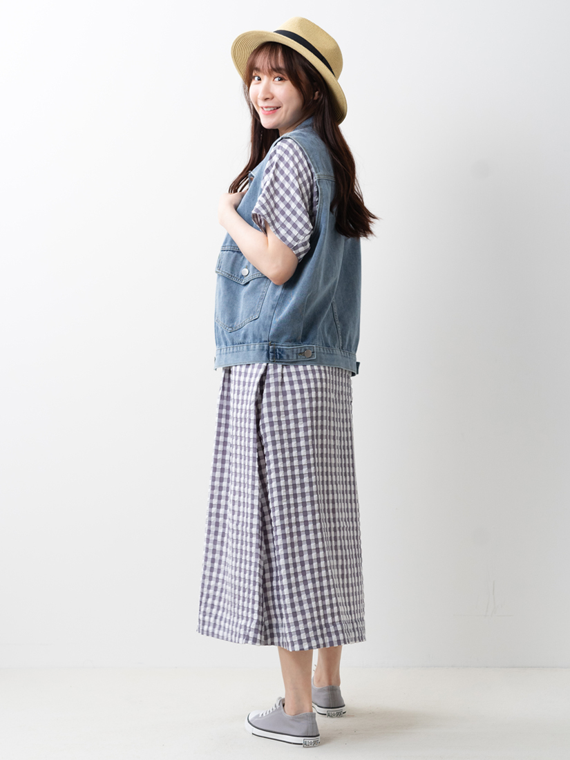 剪接口袋牛仔背心泡泡布格紋洋裝組合