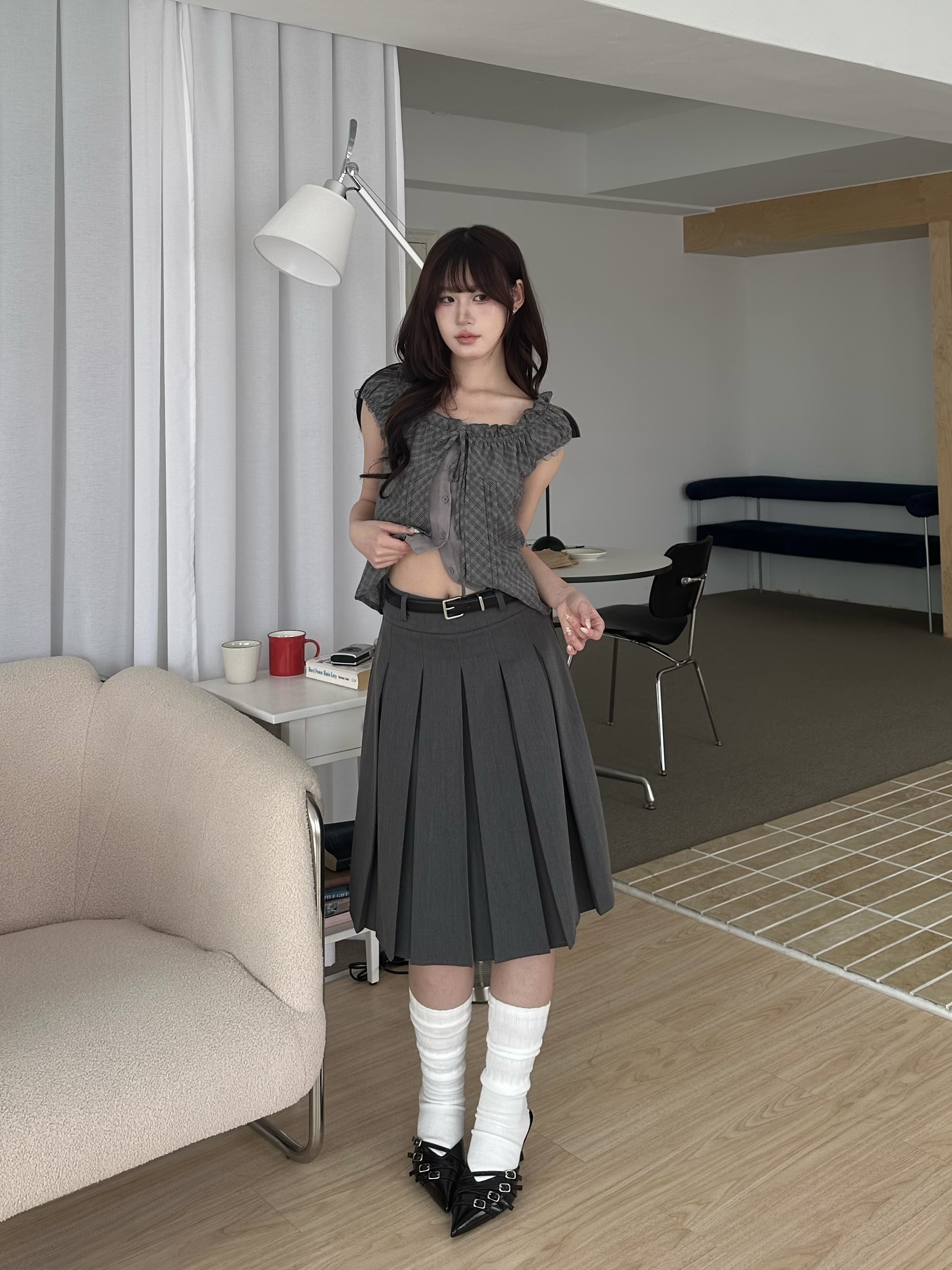 復古學院百褶中裙附皮帶