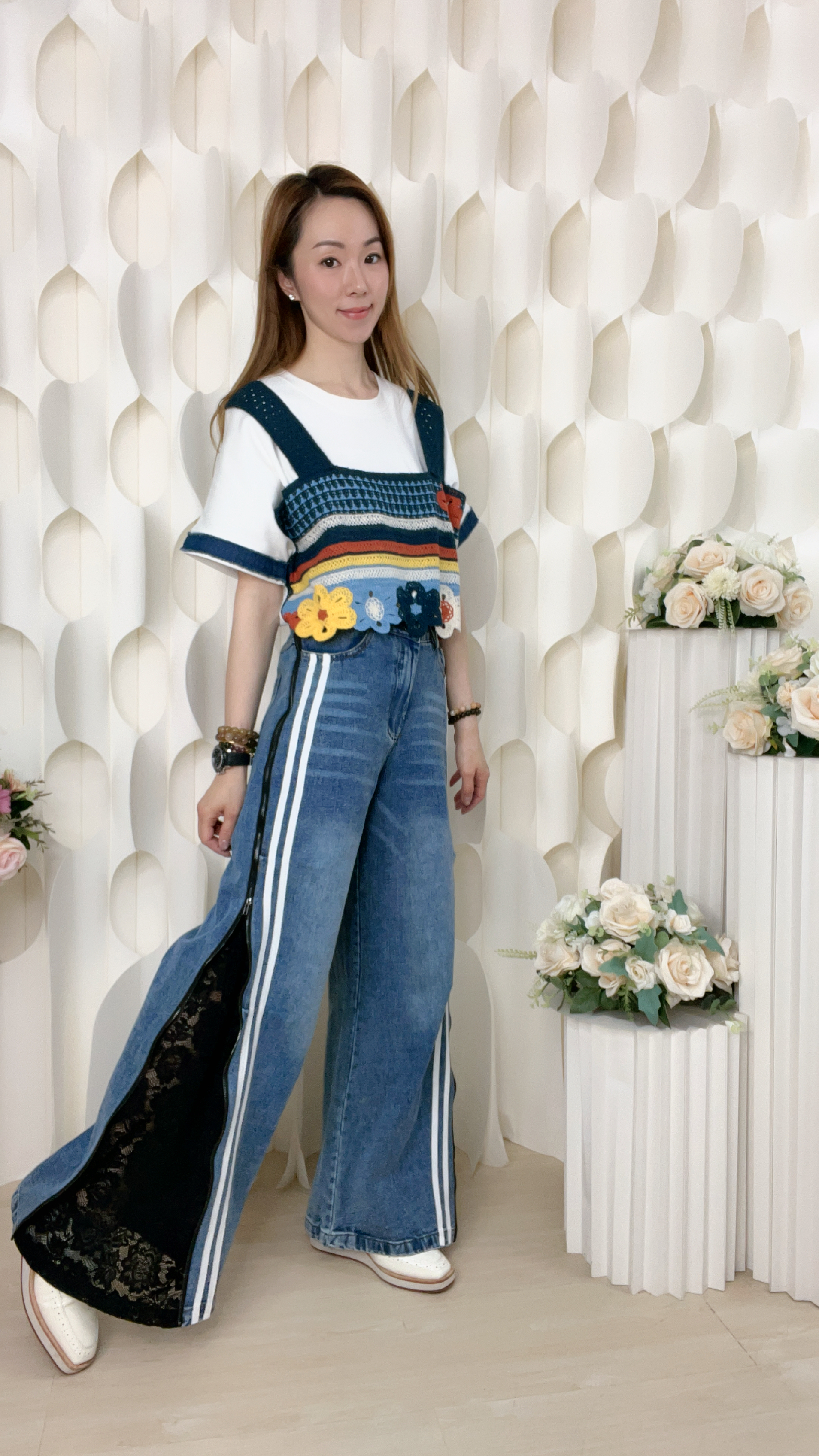 直條拉鍊LACE彎刀型牛仔褲(腰28-34 臀44 長40吋)55651 #1004clo