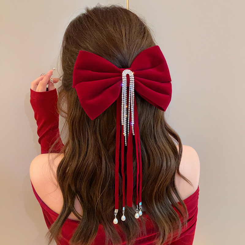 Red Rhinestone Tassel Velvet Bow