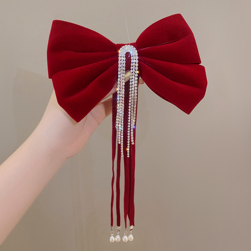 Red Rhinestone Tassel Velvet Bow