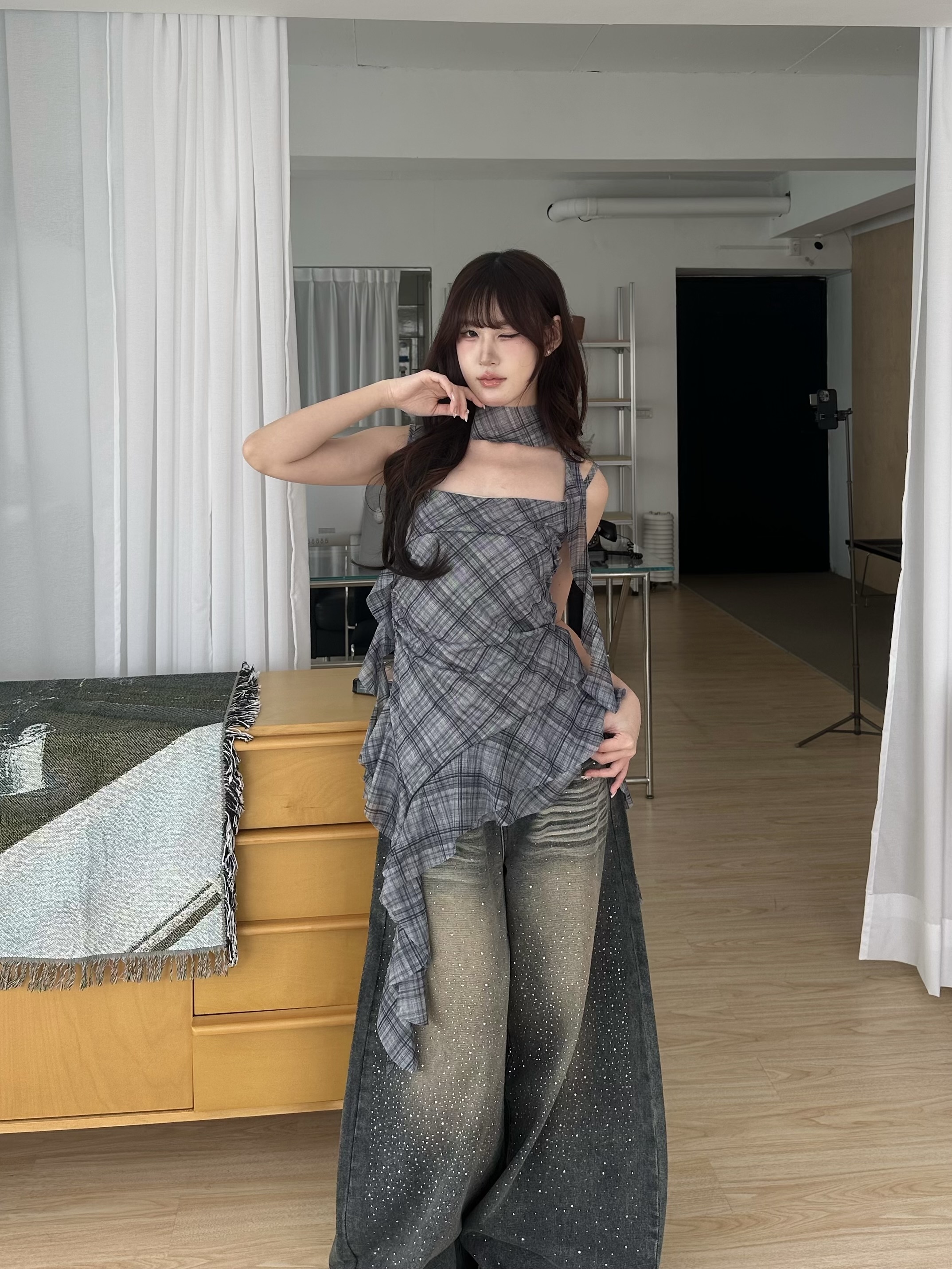 格紋飄帶網紗洋裝附脖帶