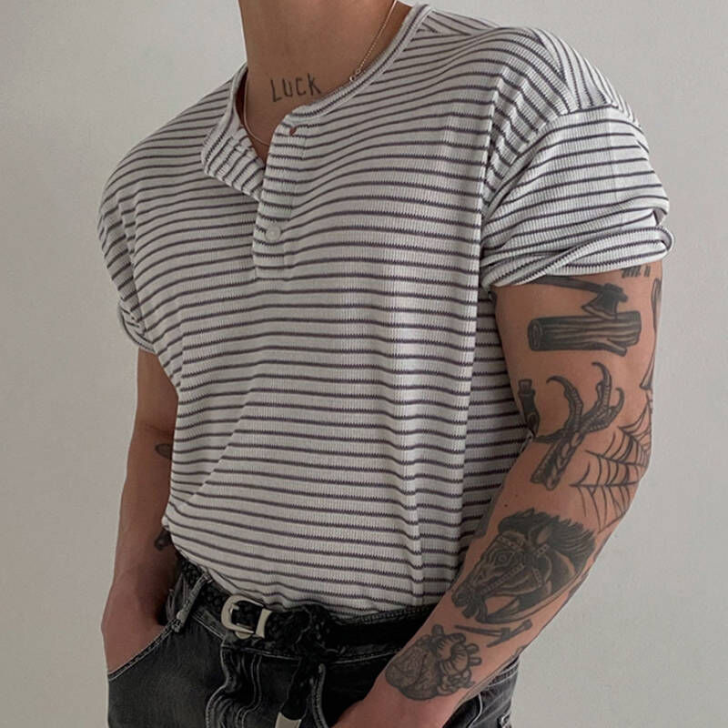 2026最新款韓版橫條紋夏季亨利領短袖T-Shirt