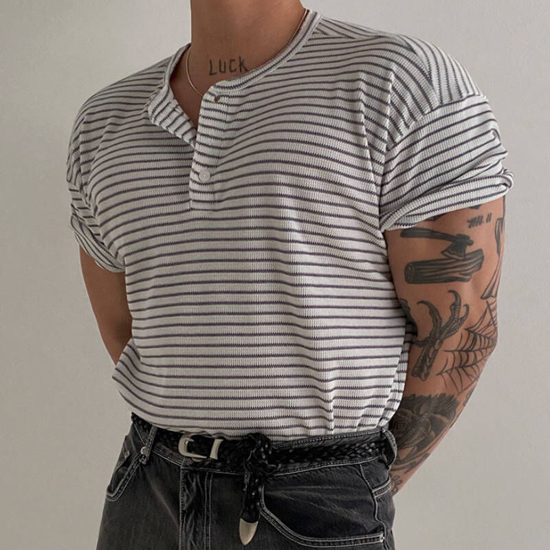 2026最新款韓版橫條紋夏季亨利領短袖T-Shirt