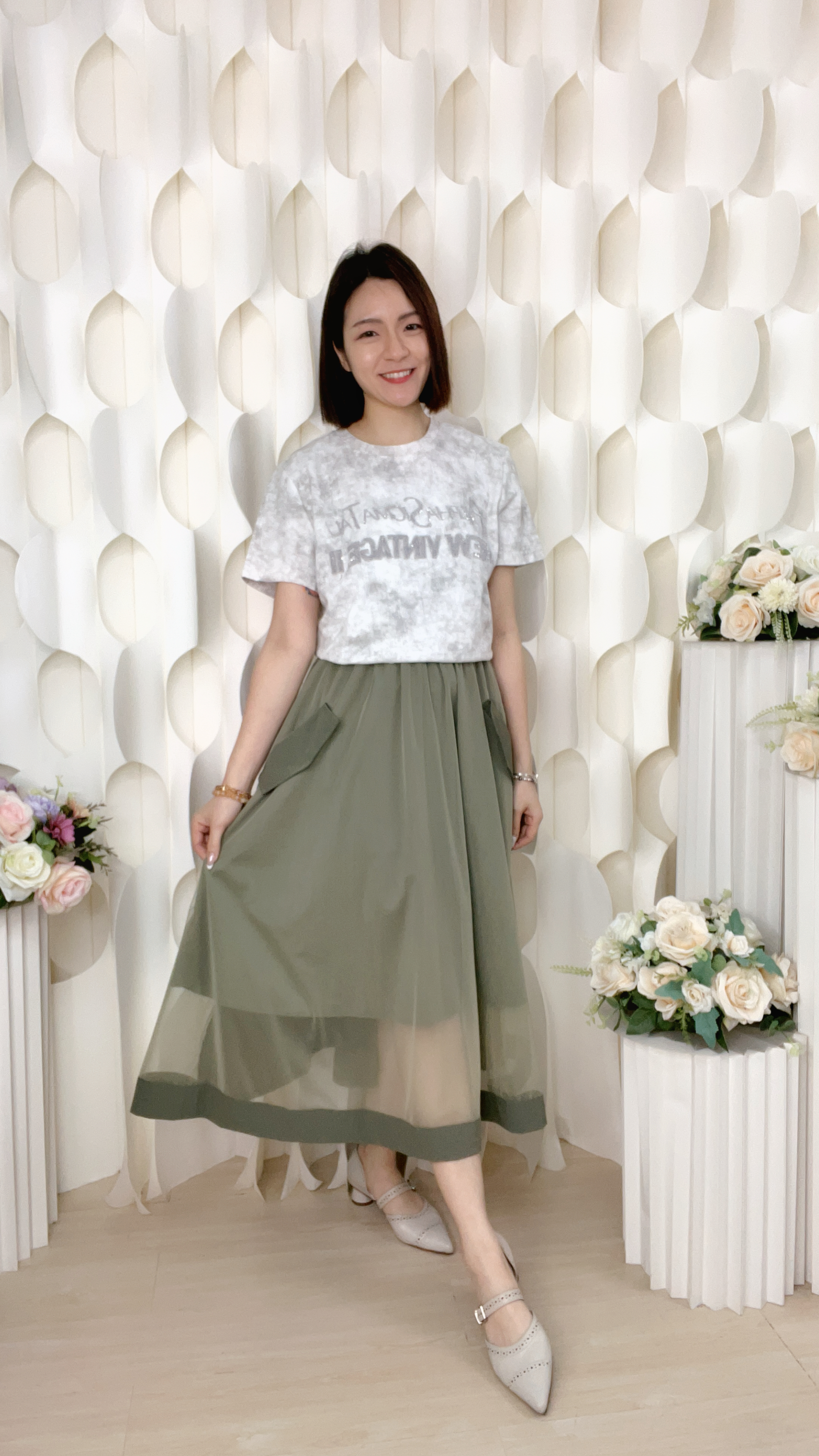 雙袋軟紗網拼風褸料半截裙(腰26-44 臀52 長31吋)56167 #1004clo