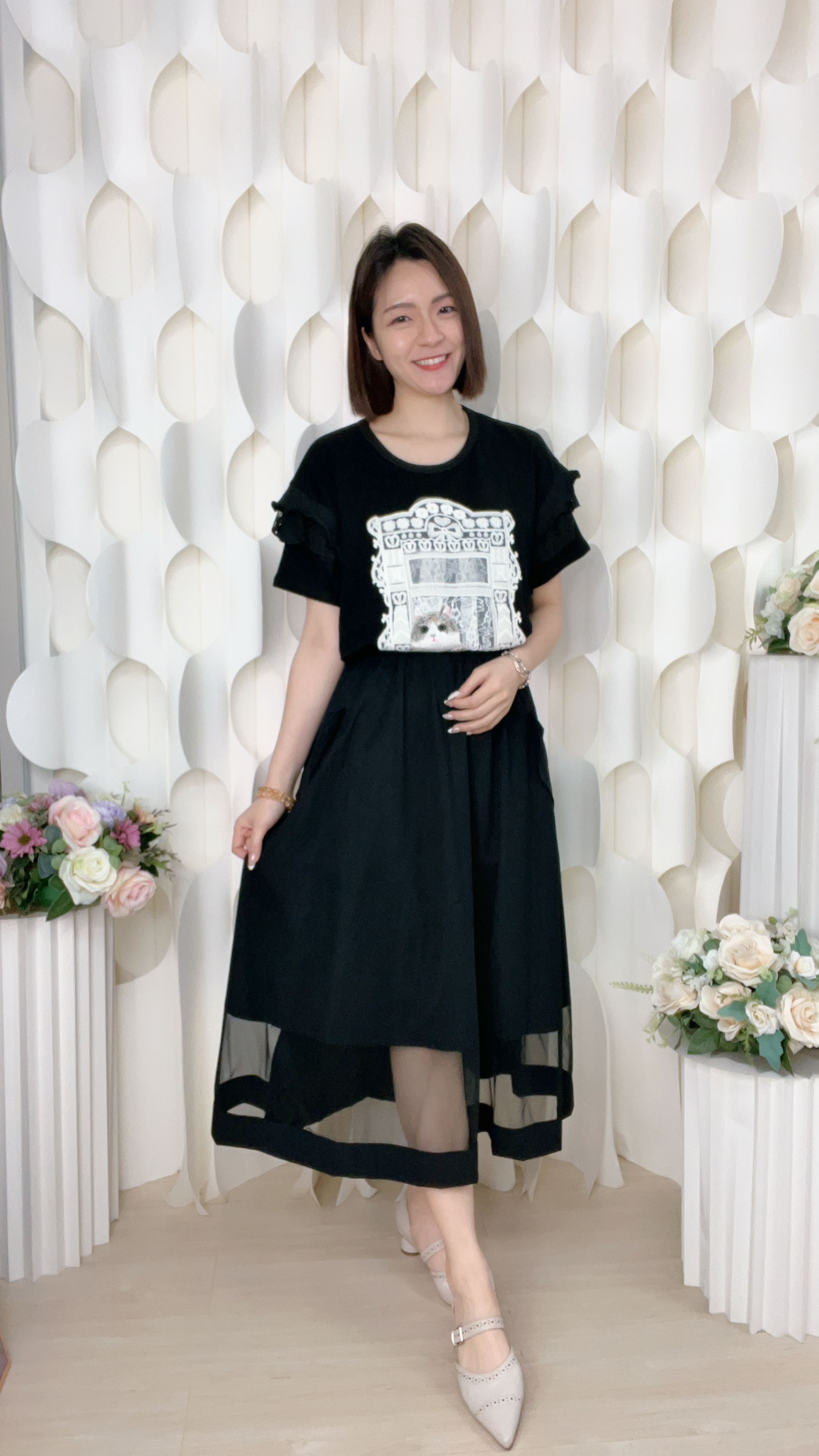 雙袋軟紗網拼風褸料半截裙(腰26-44 臀52 長31吋)56167 #1004clo