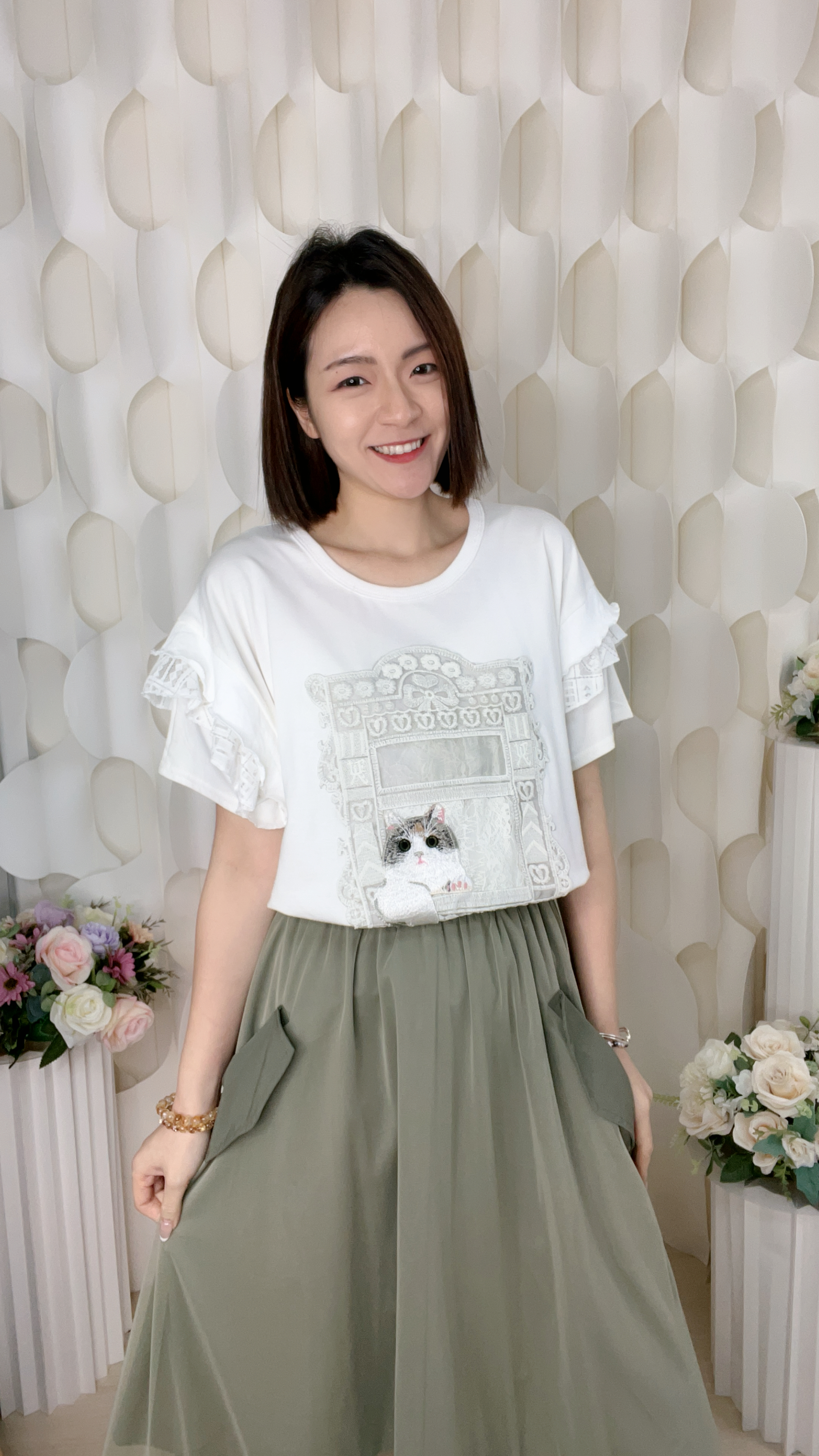 貓咪刺繡LACE拼棉質上衣(胸44-50 腰46-50 長23吋)024 #1004clo