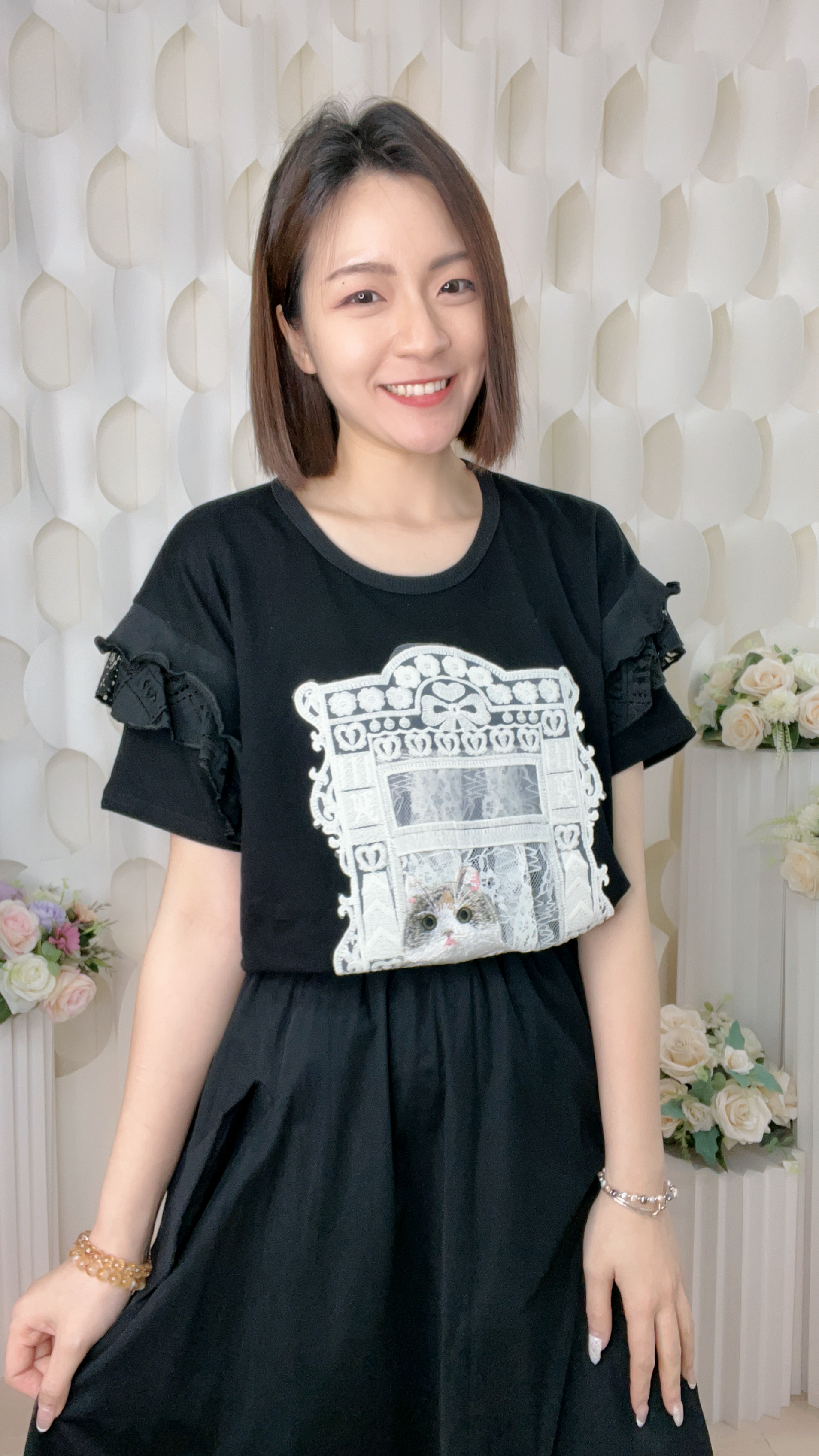 貓咪刺繡LACE拼棉質上衣(胸44-50 腰46-50 長23吋)024 #1004clo