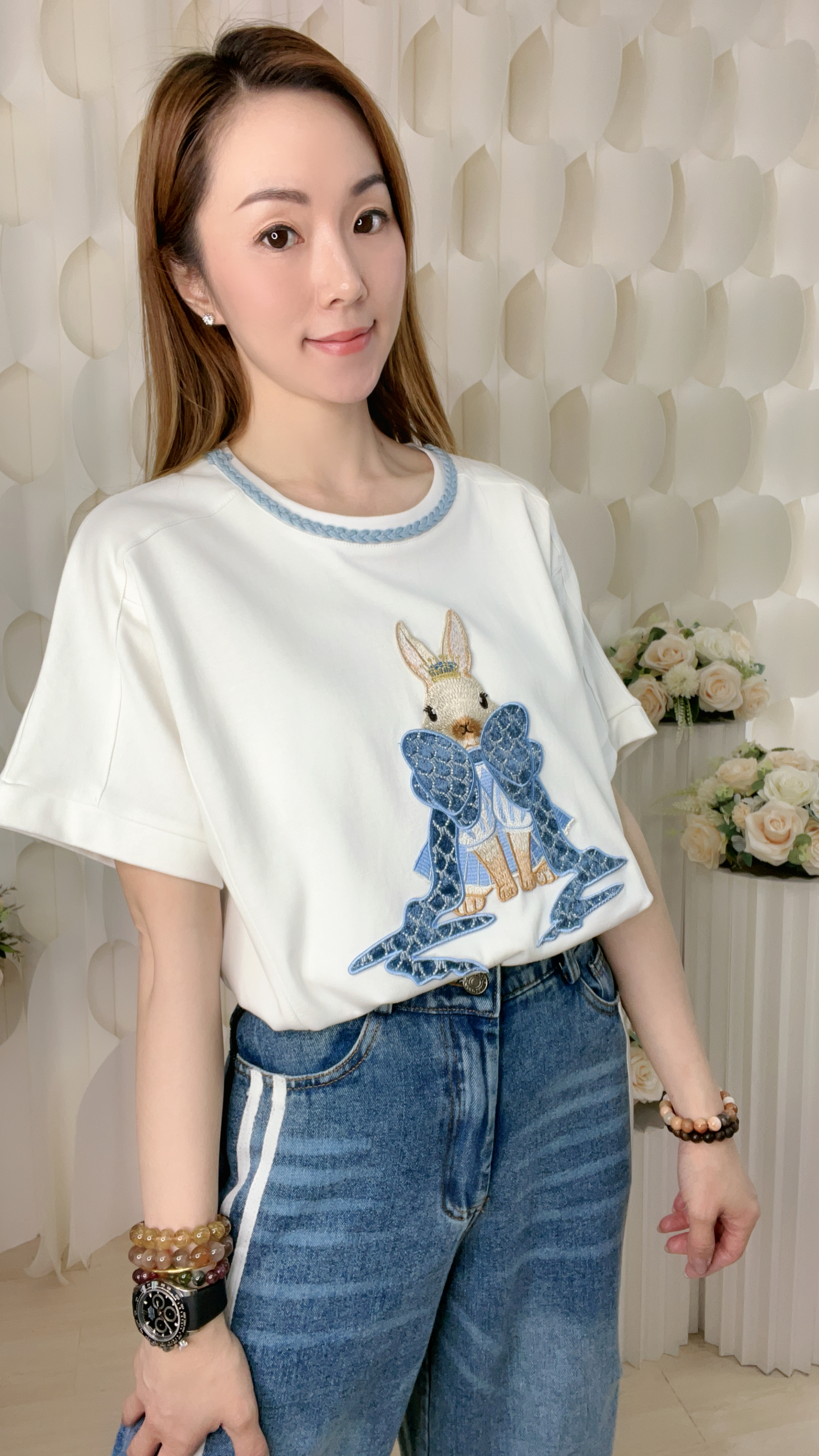 蝴蝶結兔仔刺繡圖案滑棉上衣(胸46-50 腰44-48 長22吋)61358 #1004clo