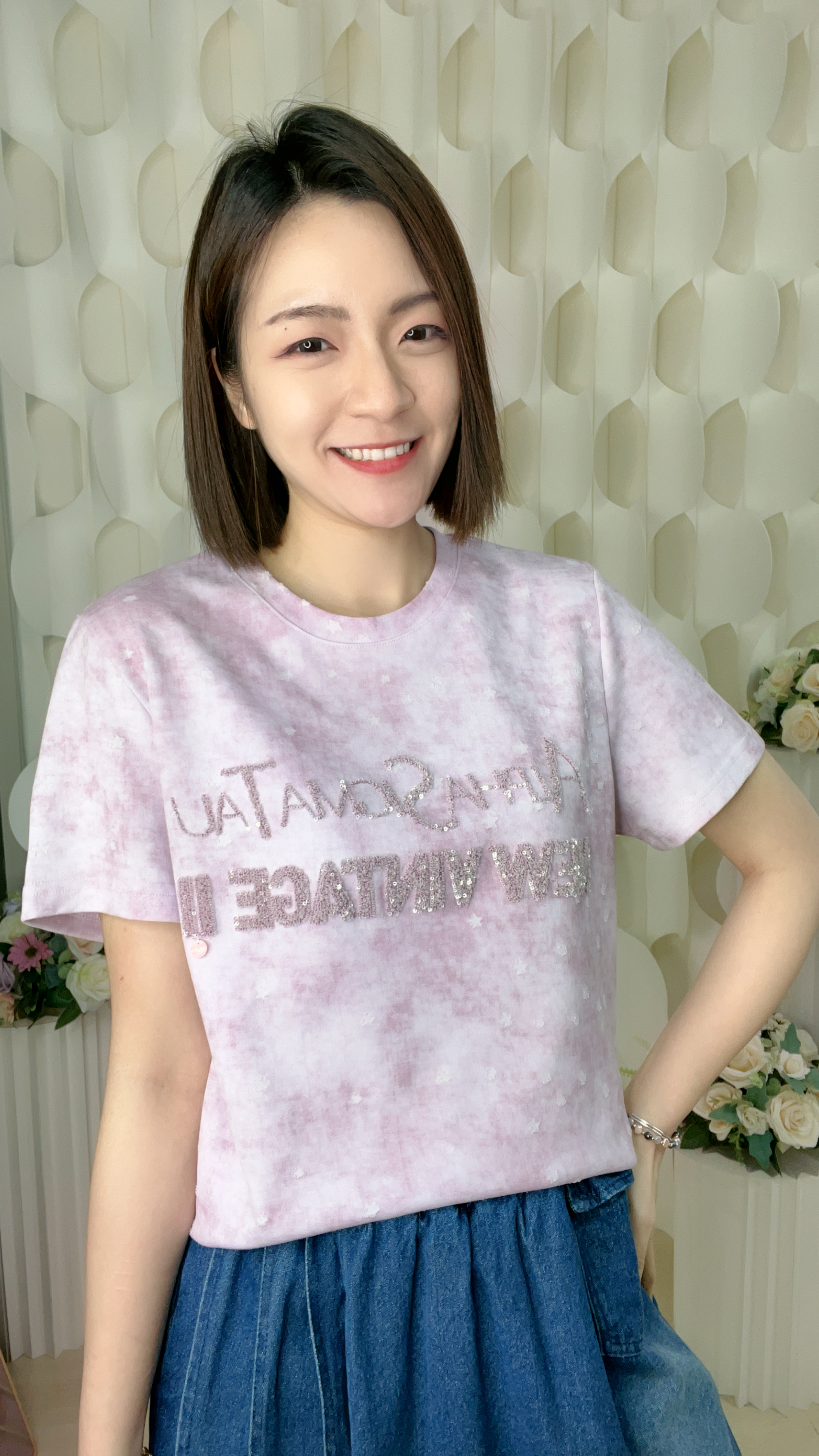 細珠片英文字暈染棉質上衣(胸40-44 腰36-40 長21吋)2007 #1004clo