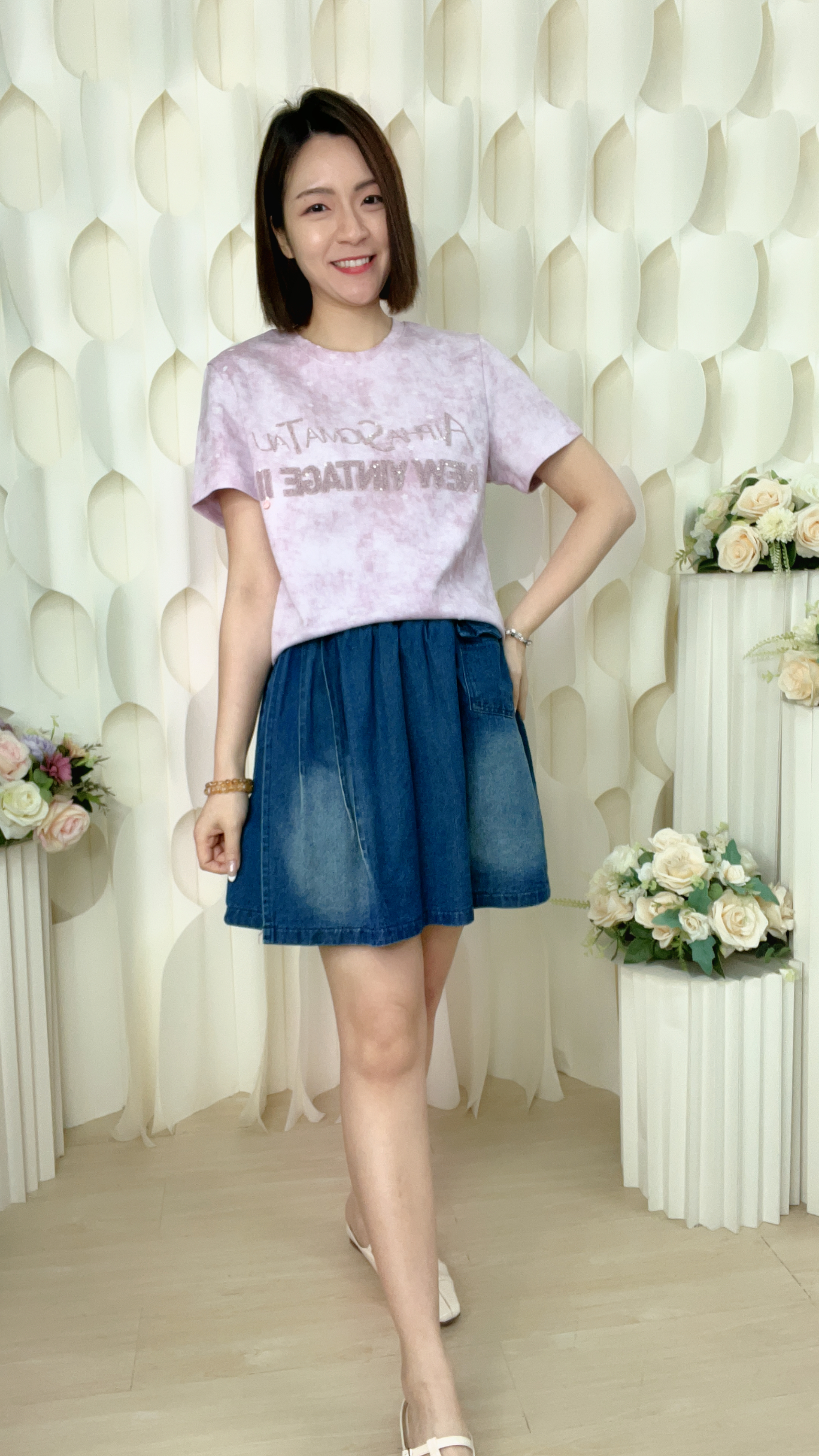 橡筋腰壓褶牛仔裙褲(腰24-38 臀48 長17吋)90172 #1004clo