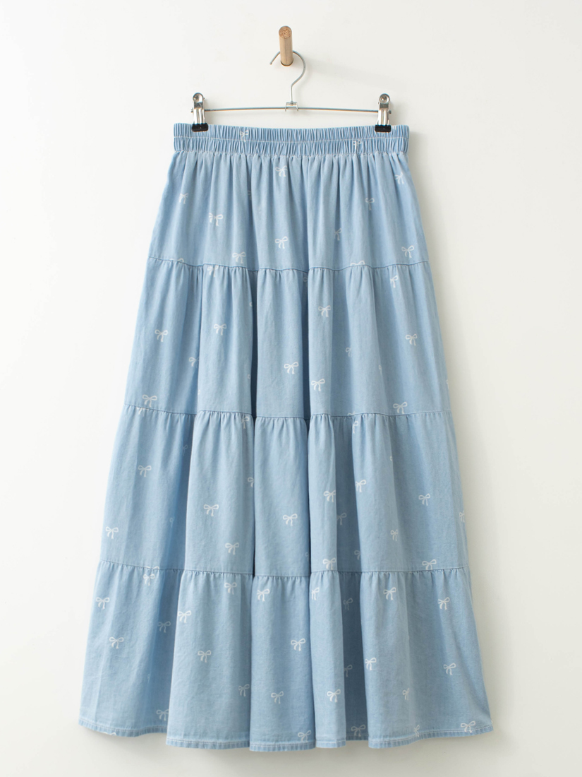 蝴蝶結印花薄棉牛仔蛋糕長裙