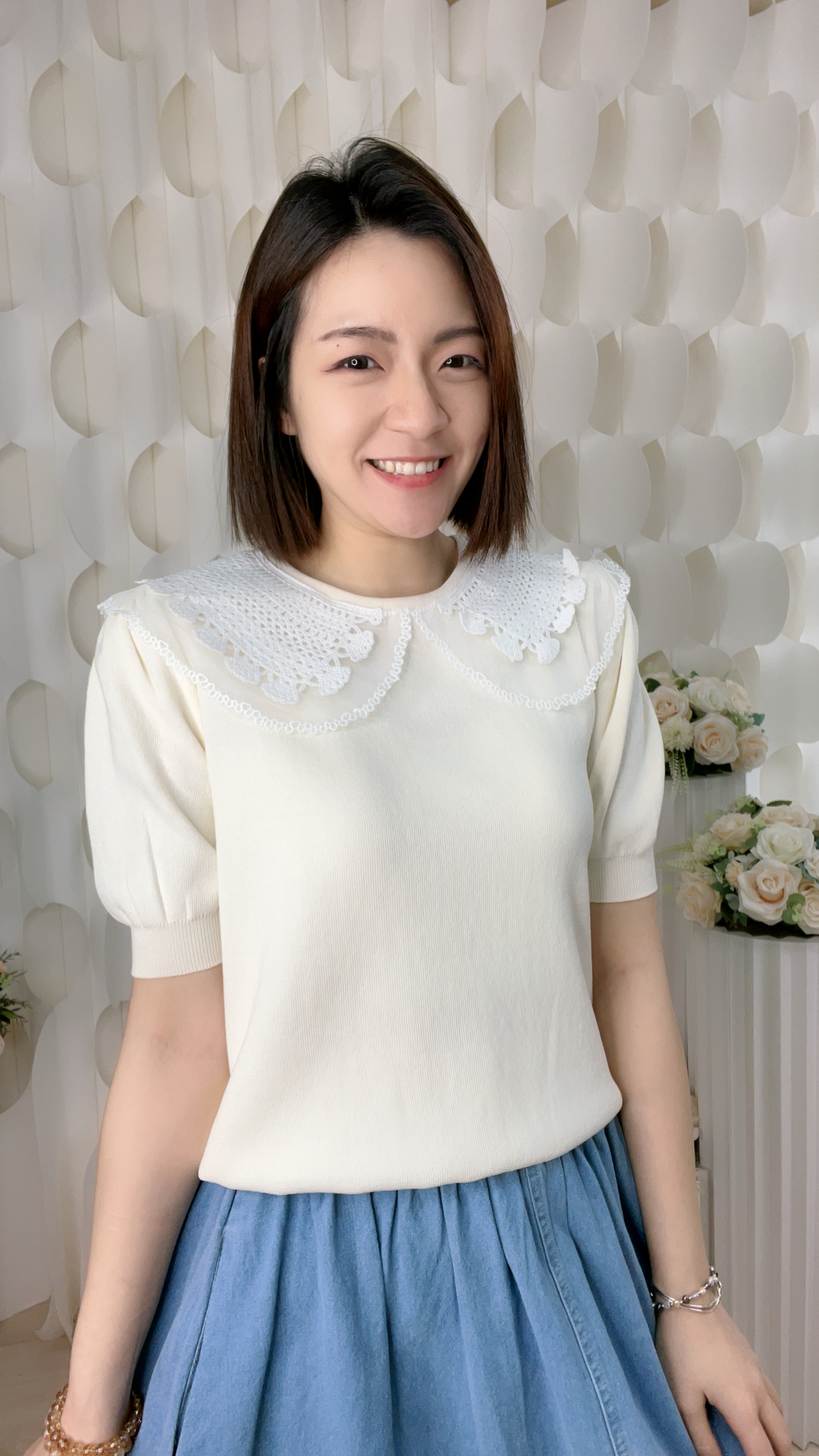 娃娃領LACE通花彈性棉質上衣(胸36-48 腰32-46 長22吋)55674 #1004clo