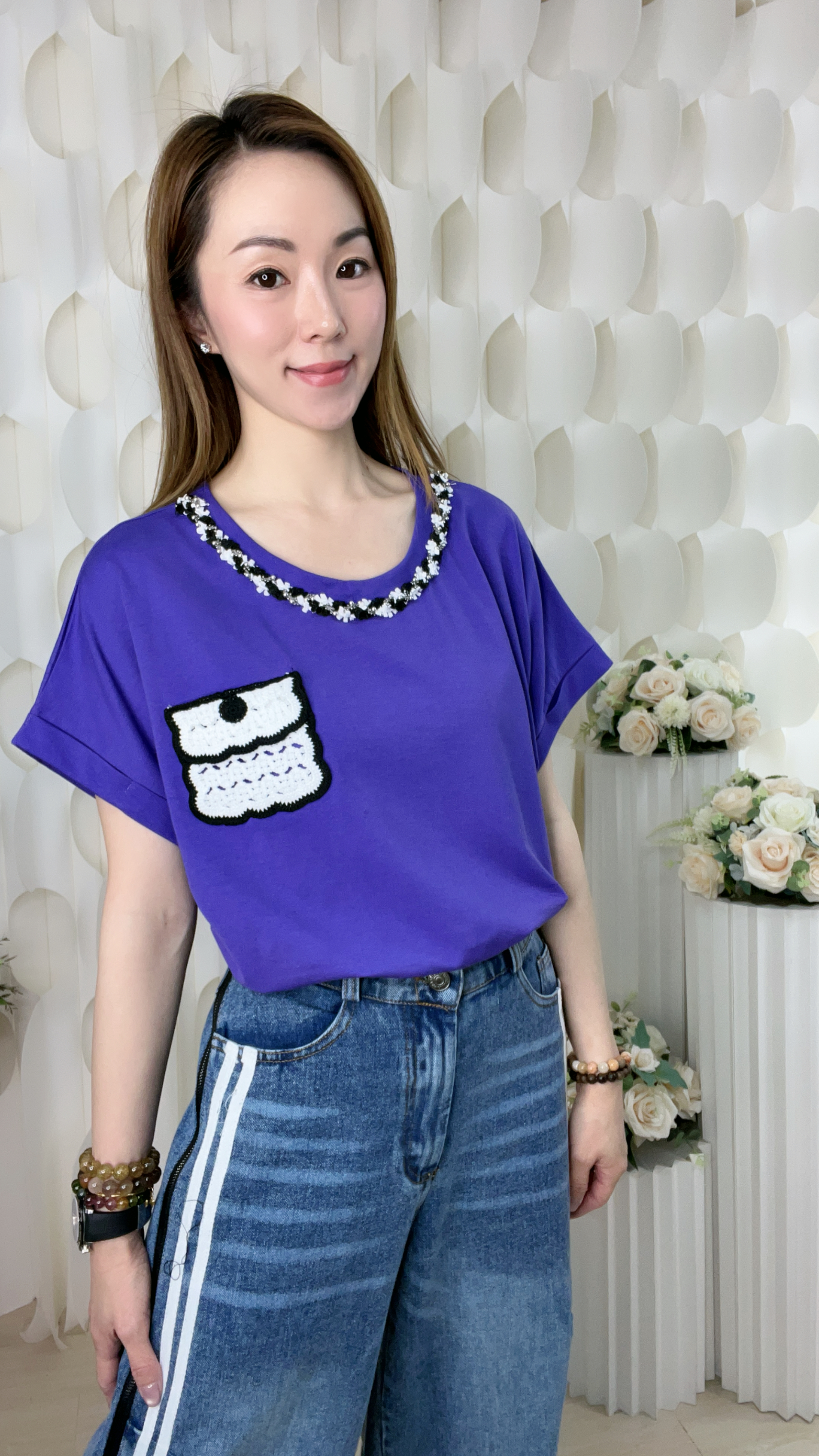 花邊圓領通花LACE棉質上衣(胸44-48 腰42-46 長23吋)043 #1004clo