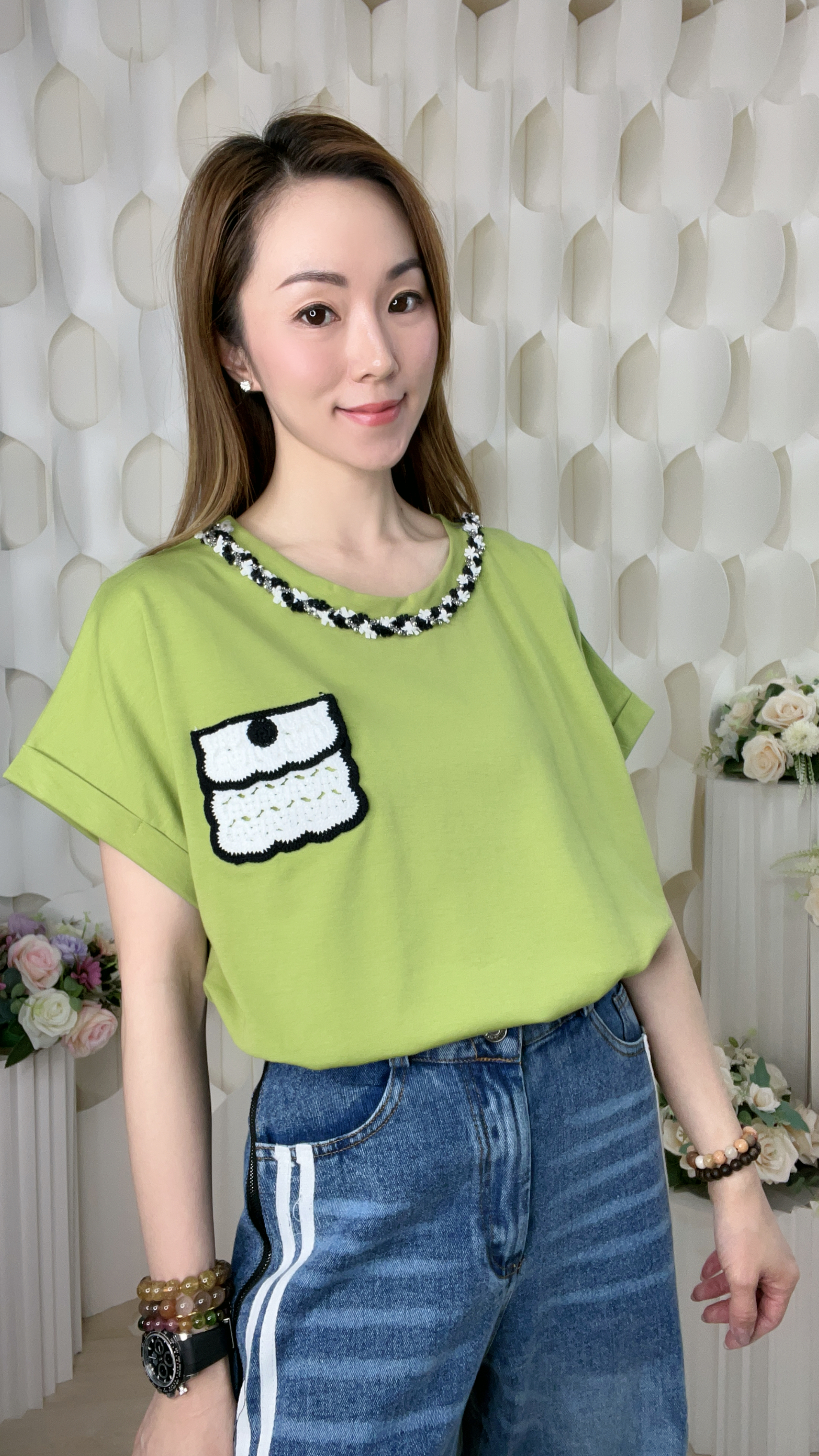 花邊圓領通花LACE棉質上衣(胸44-48 腰42-46 長23吋)043 #1004clo