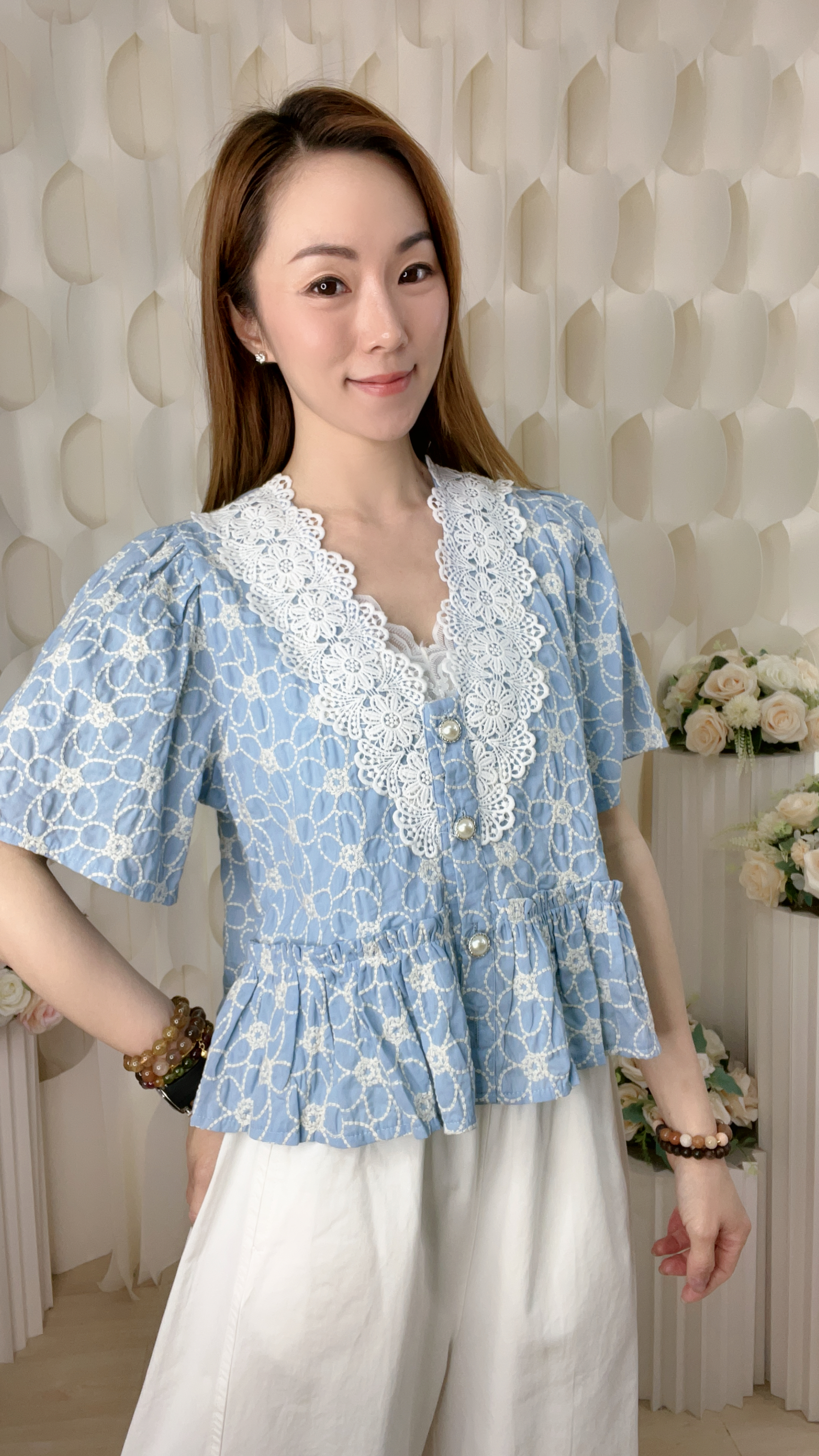 鈕扣花花LACE刺繡雪紡上衣(胸38 腰40 長19吋)55882 #1004clo