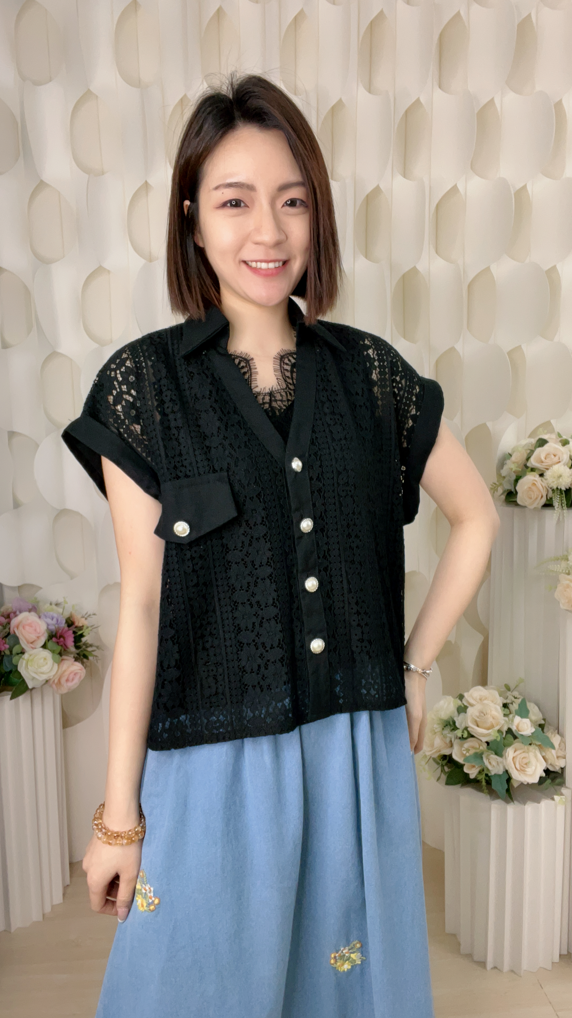 棉麻通花LACE上衣(胸44 腰44 長20吋)55885 #1004clo