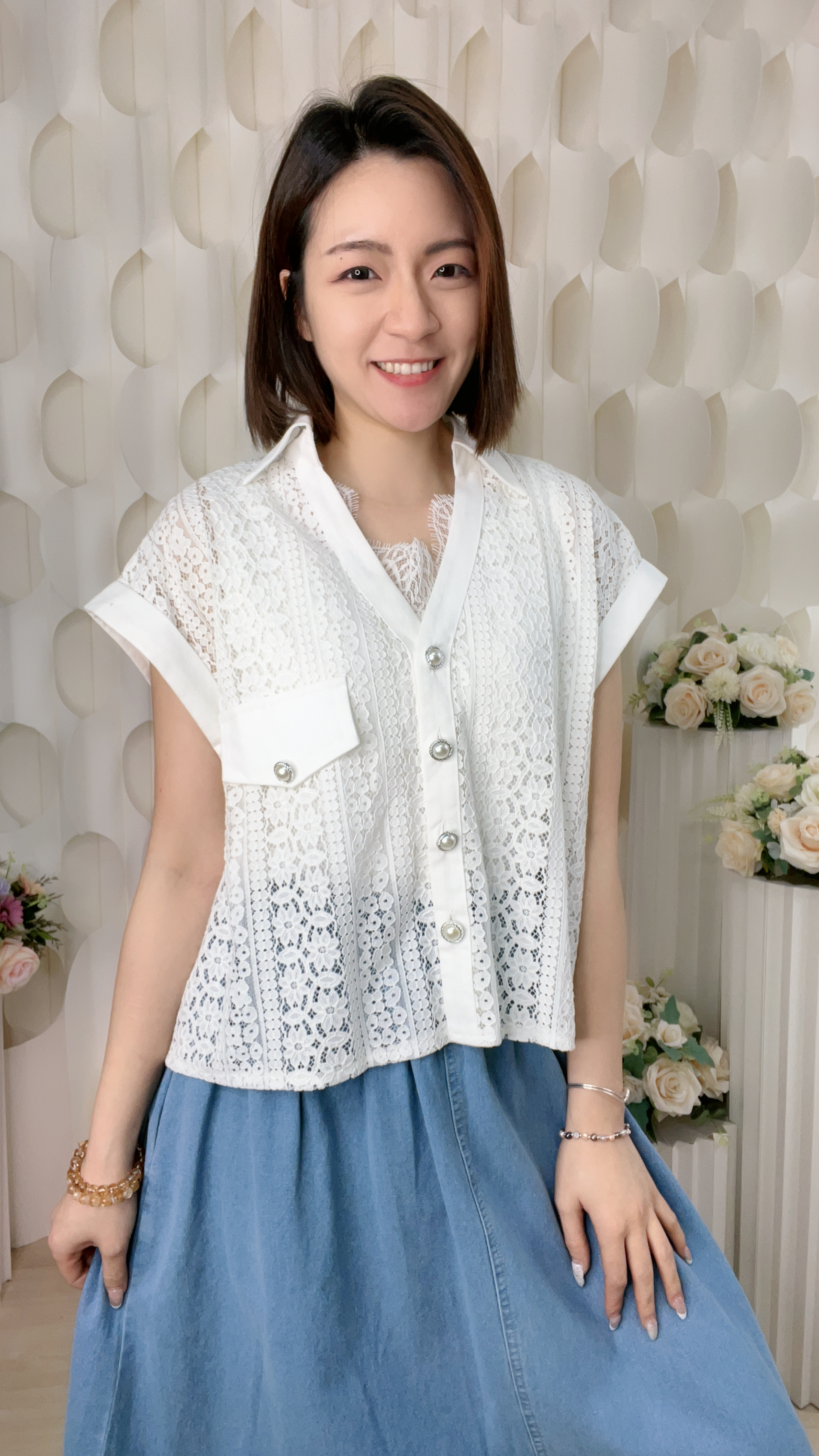 棉麻通花LACE上衣(胸44 腰44 長20吋)55885 #1004clo