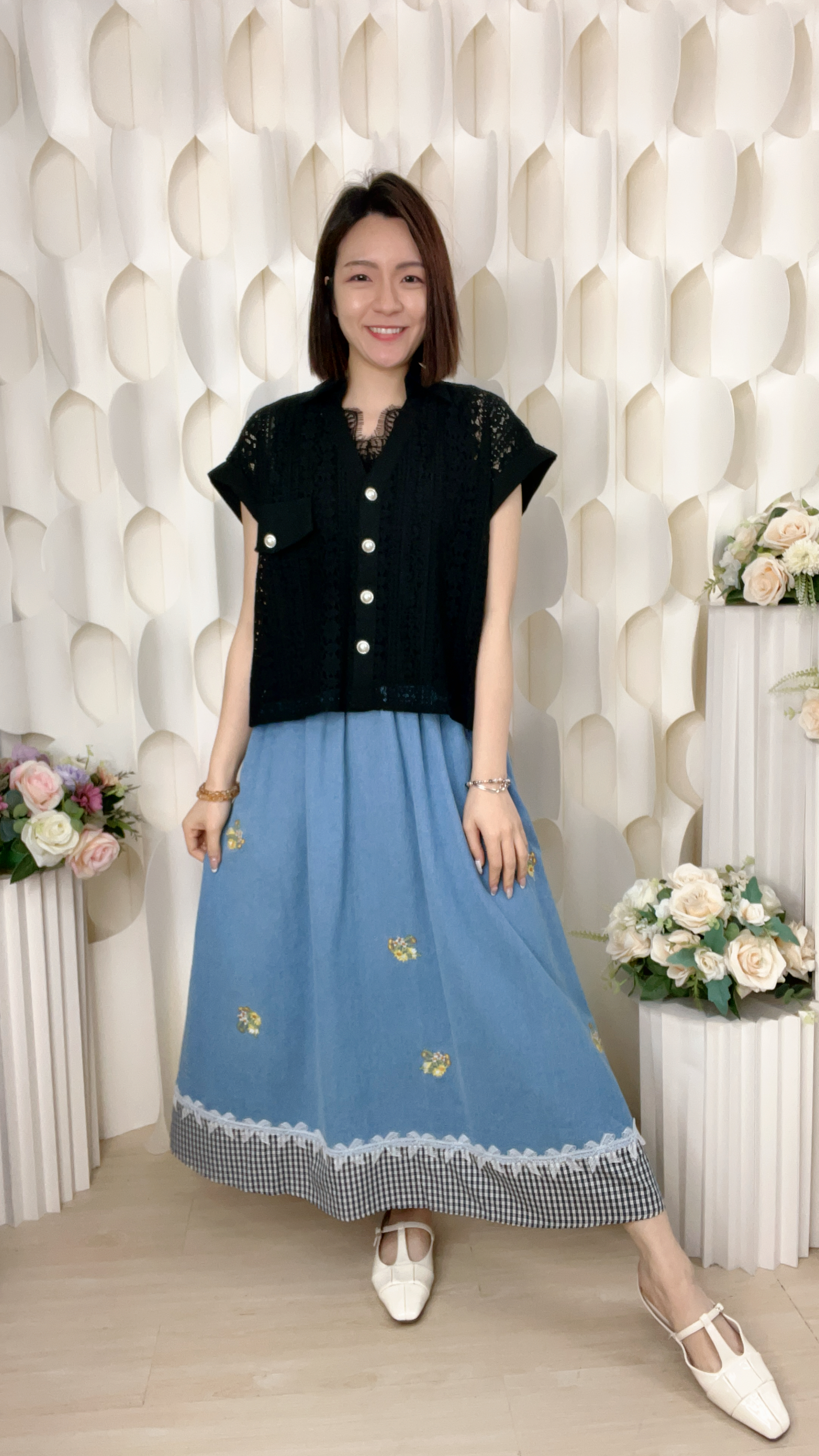 LACE格紋拼軟牛仔半截裙(腰M:26-36/L:28-38吋)S6085 #1004clo