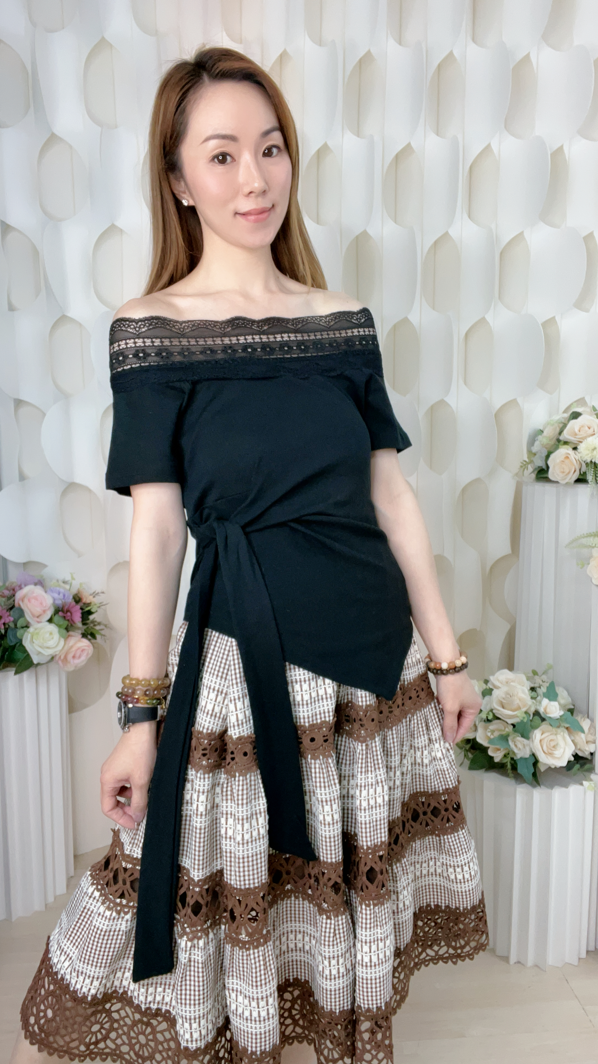 格紋刺繡通花蛋糕半截裙(腰M:26-38/L:28-40吋)S6099 #1004clo